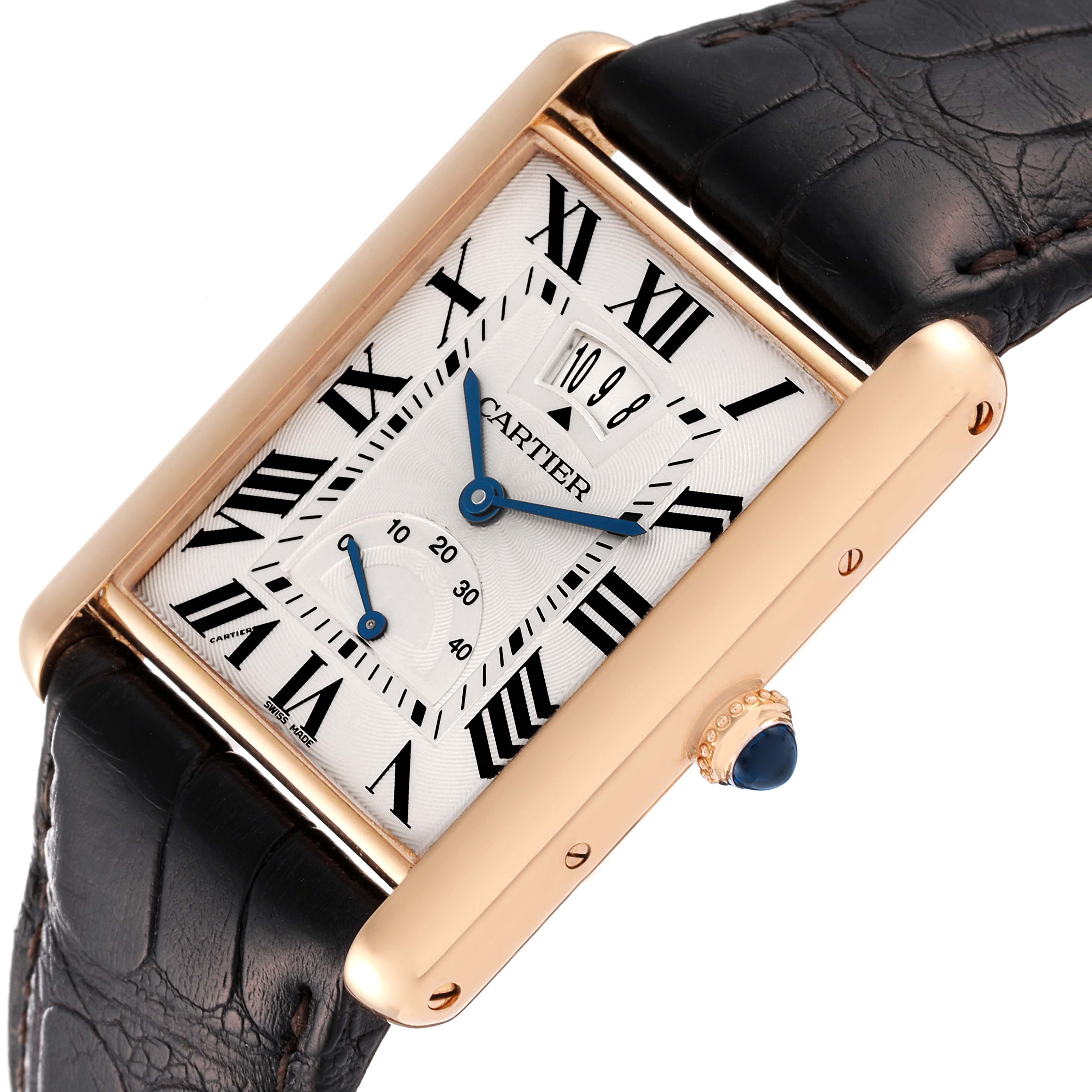 The image shows a Cartier Tank Louis W1560003 Men's Rose Gold Silver Dial W1560003 Men's Rose Gold Silver Dial watch at a slight angle, highlighting its rectangular face, Roman numerals, blue hands, and black leather strap.