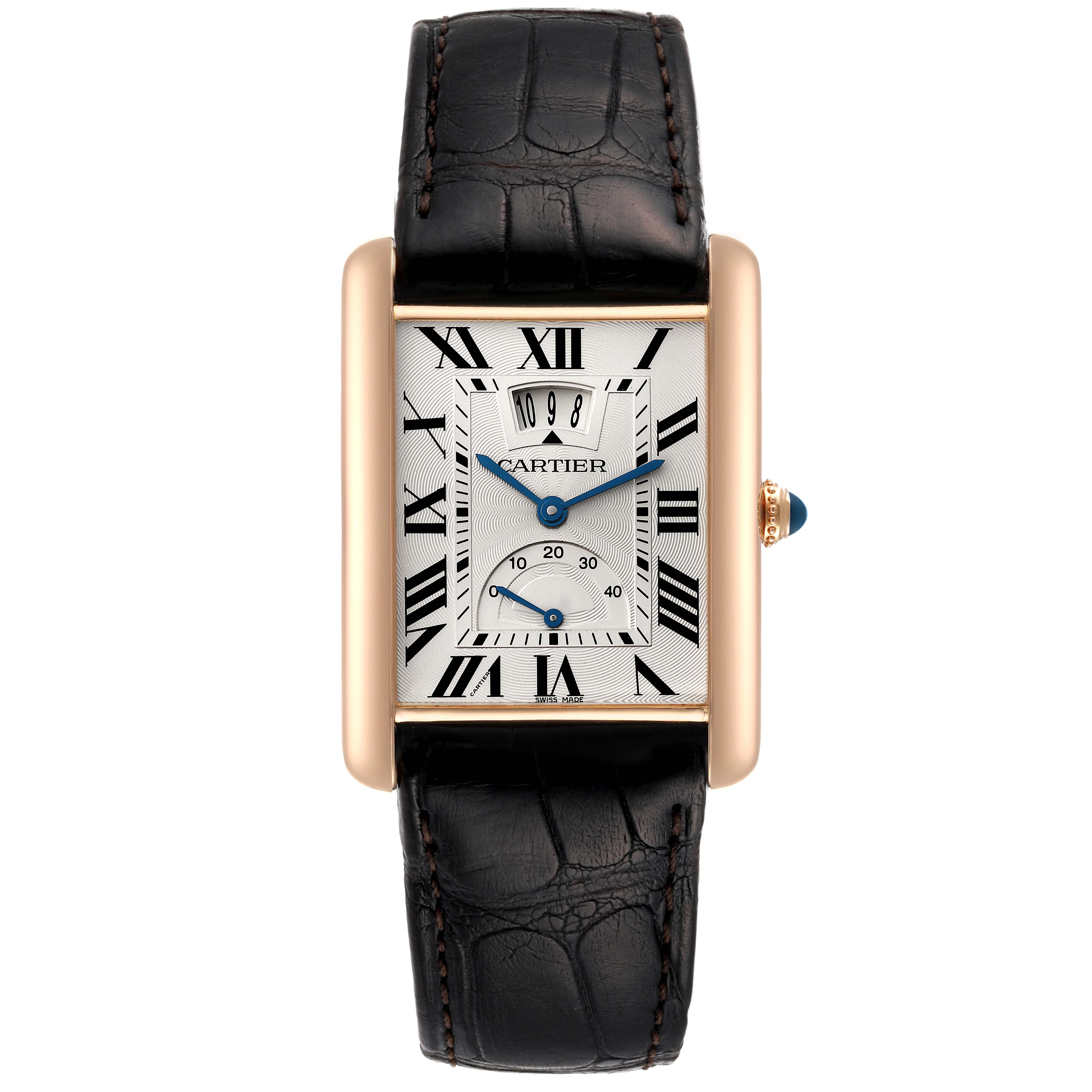 This image shows a frontal view of the Cartier Tank Louis W1560003 Men's Rose Gold Silver Dial W1560003 Men's Rose Gold Silver Dial watch, highlighting its rectangular face, Roman numerals, and leather strap.
