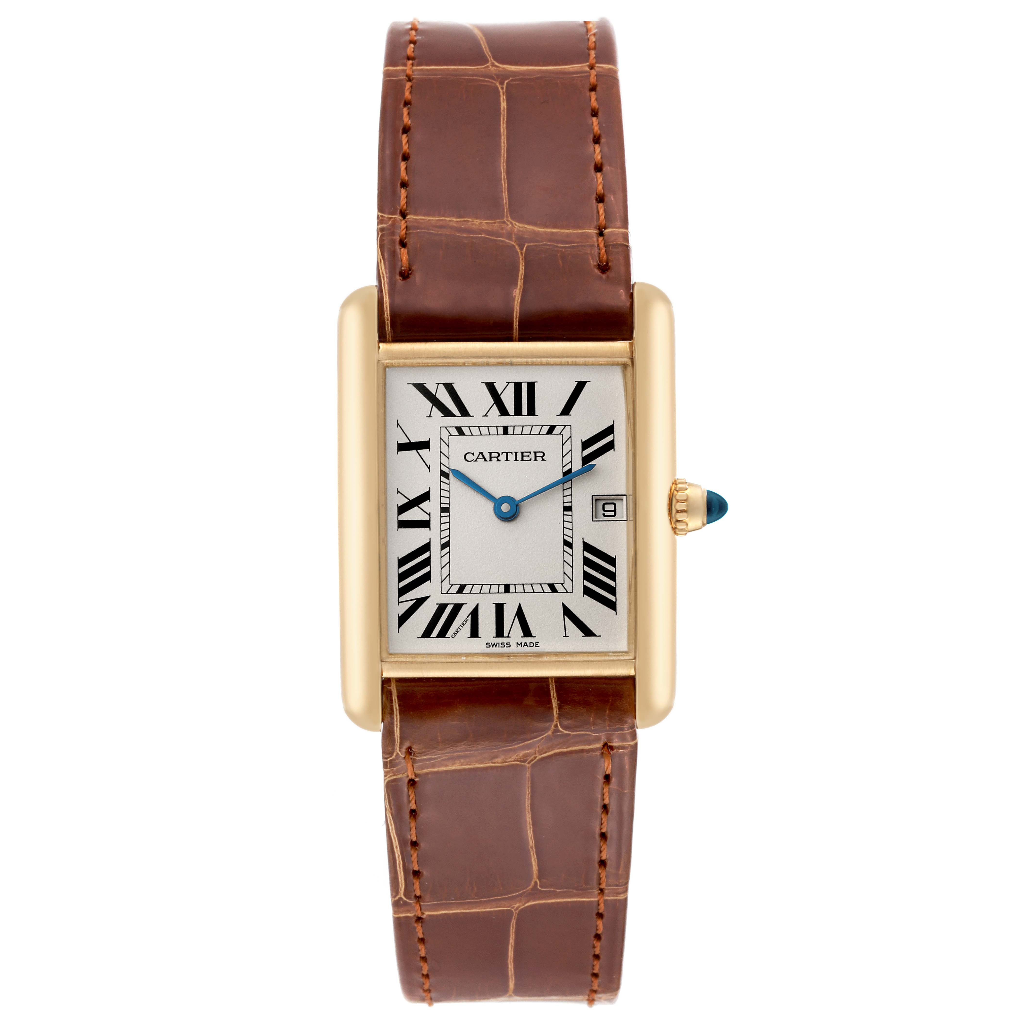 The image shows a Cartier Tank Louis W1529756 Men's Yellow Gold Silver Dial W1529756 Men's Yellow Gold Silver Dial watch from a front view, displaying its dial, bezel, crown, and leather strap.