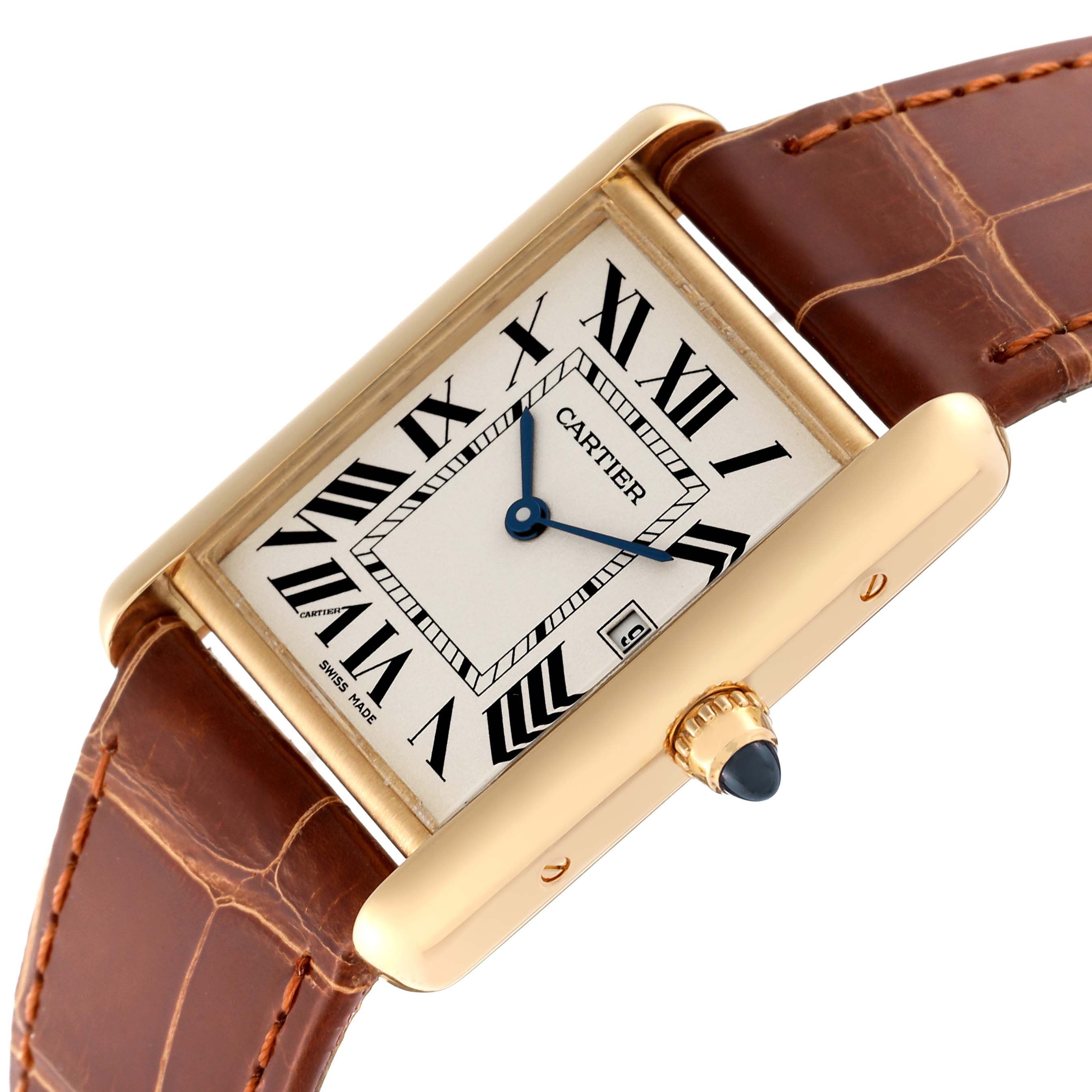This image shows a close-up angle of the Cartier Tank Louis W1529756 Men's Yellow Gold Silver Dial W1529756 Men's Yellow Gold Silver Dial watch, highlighting its dial, bezel, crown, and brown leather strap.