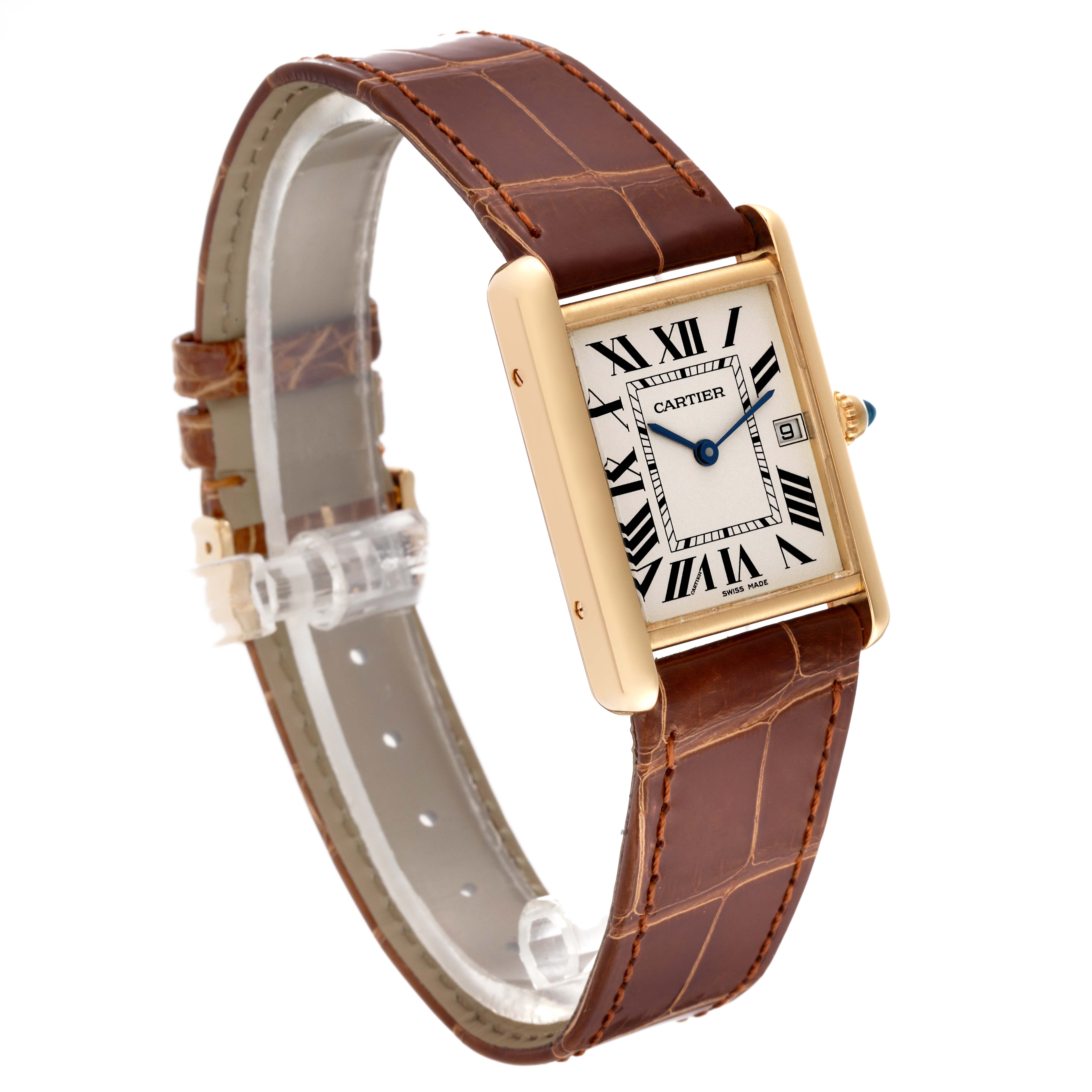 The image shows a Cartier Tank Louis W1529756 Men's Yellow Gold Silver Dial W1529756 Men's Yellow Gold Silver Dial watch at an angle highlighting the face, straps, and crown with its blue cabochon.