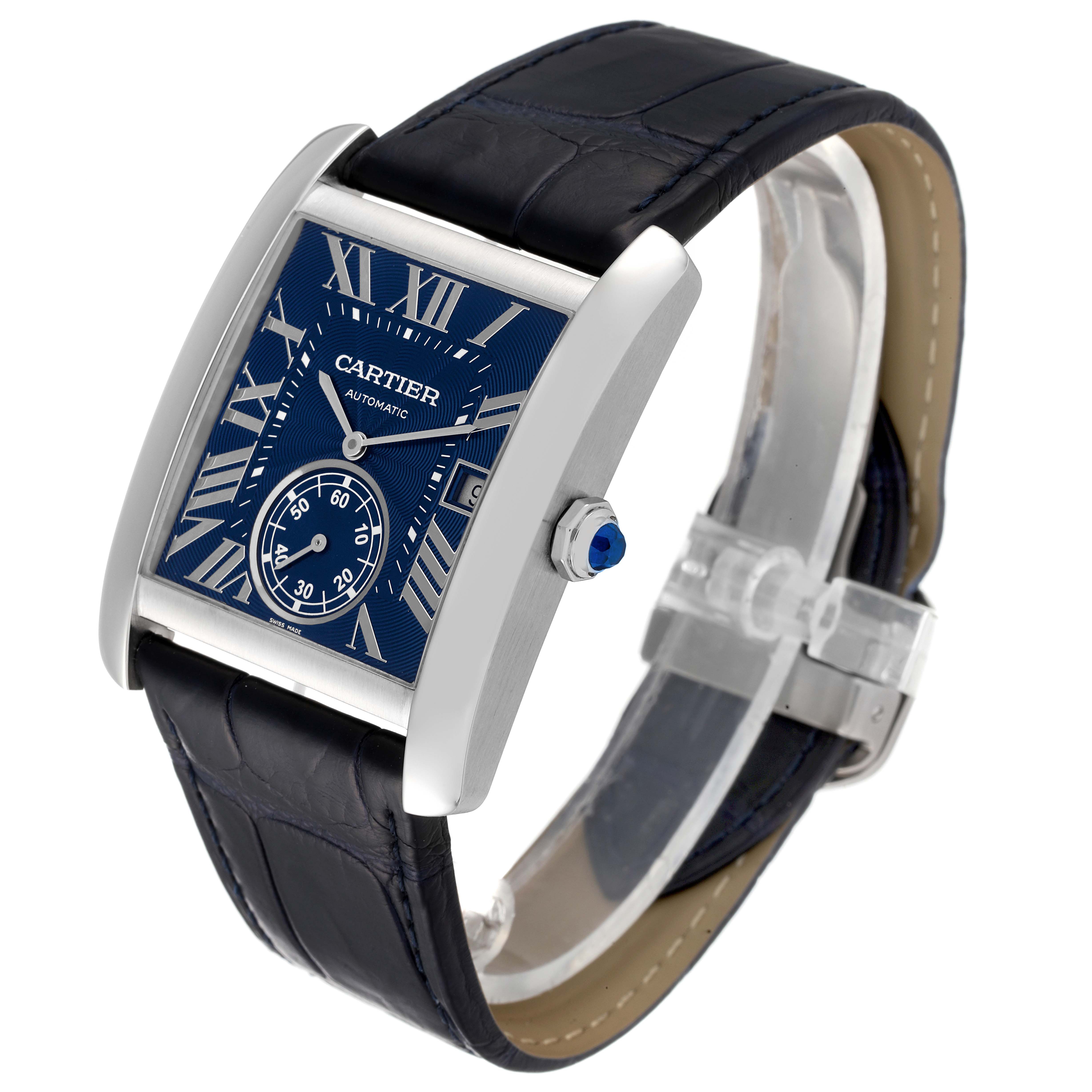 This Cartier Tank MC WSTA0010 Men's Stainless Steel Blue Dial WSTA0010 Men's Stainless Steel Blue Dial watch is shown at a slight angle, highlighting the face, leather strap, crown, and partial buckle.