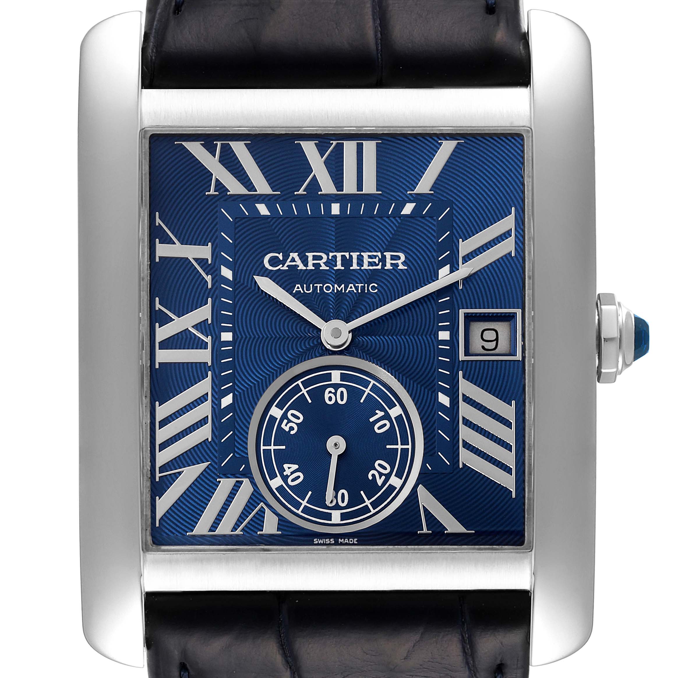 The Cartier Tank MC WSTA0010 Men's Stainless Steel Blue Dial WSTA0010 Men's Stainless Steel Blue Dial watch is shown head-on, highlighting its blue dial, Roman numerals, date window, and subdial.