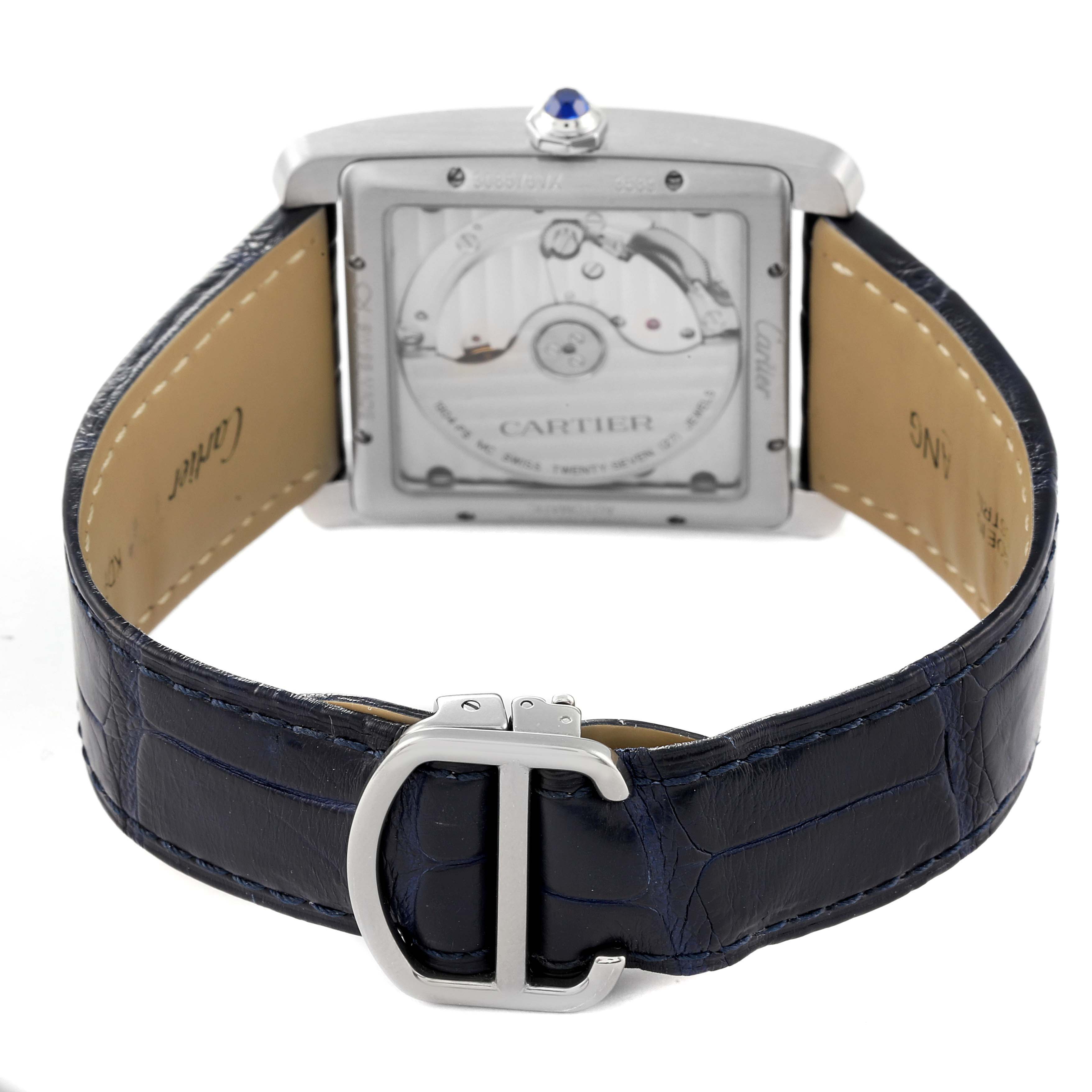 This image shows the back view of the Cartier Tank MC WSTA0010 Men's Stainless Steel Blue Dial WSTA0010 Men's Stainless Steel Blue Dial watch, featuring its movement, case back, and blue alligator strap with clasp.