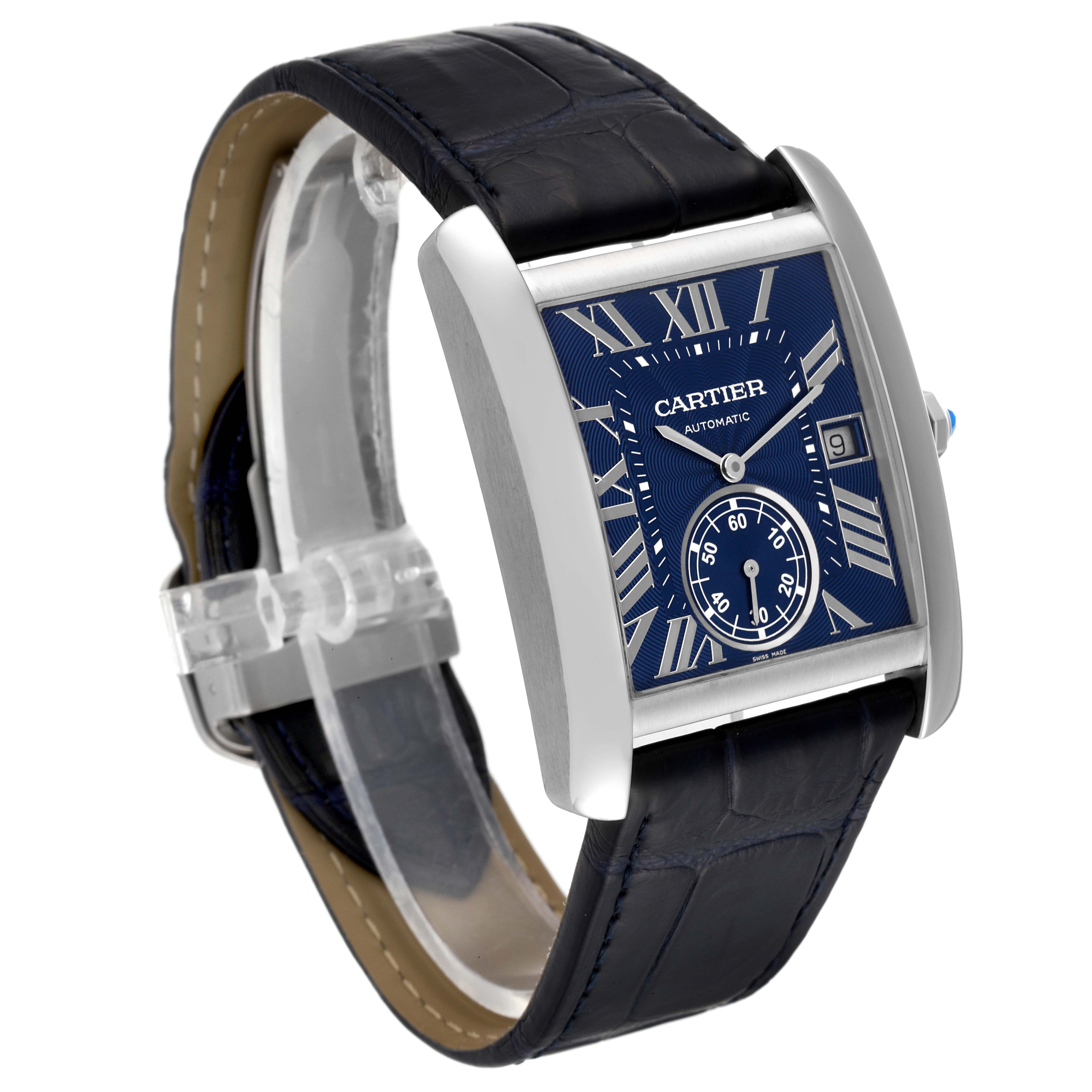 This image shows a Cartier Tank MC WSTA0010 Men's Stainless Steel Blue Dial WSTA0010 Men's Stainless Steel Blue Dial watch at a three-quarter angle highlighting the face, case, strap, and clasp.