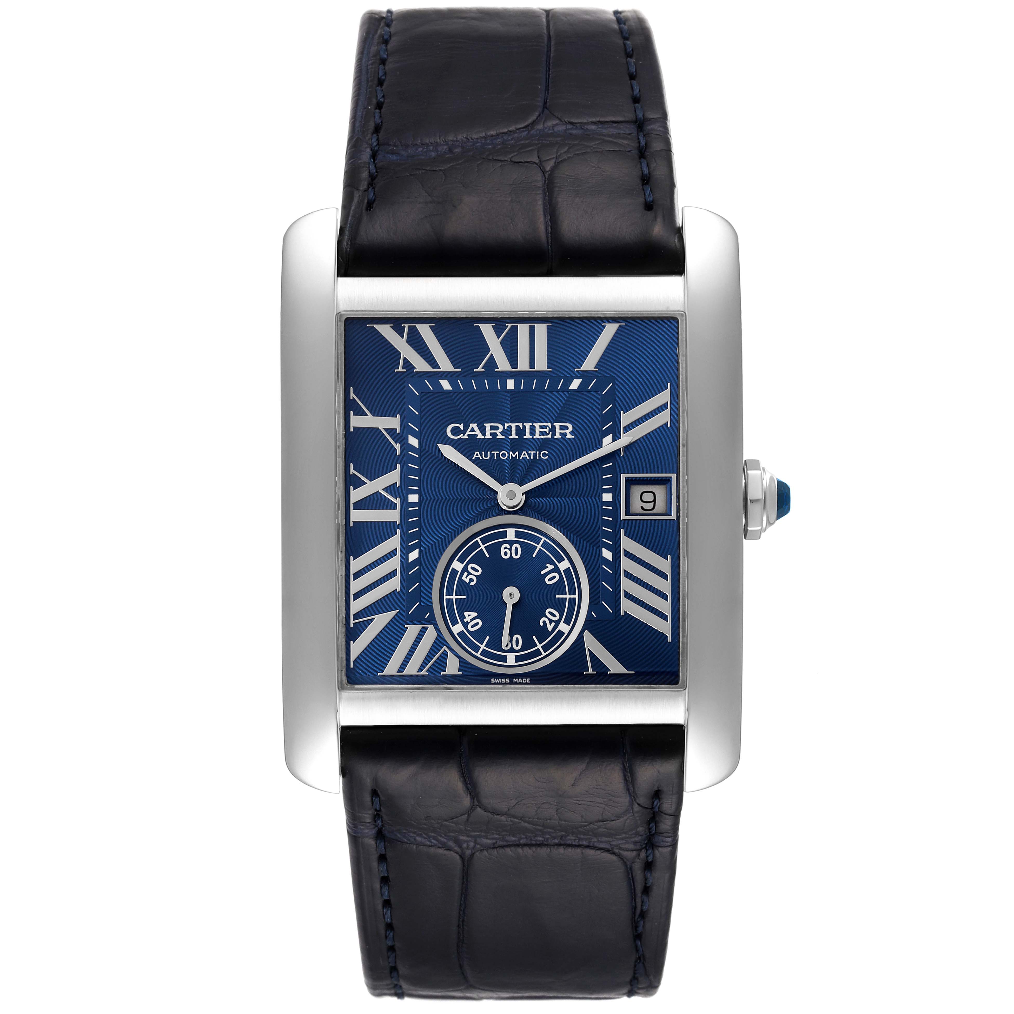 The image shows a frontal view of the Cartier Tank MC WSTA0010 Men's Stainless Steel Blue Dial WSTA0010 Men's Stainless Steel Blue Dial watch, displaying the face, crown, and leather strap.