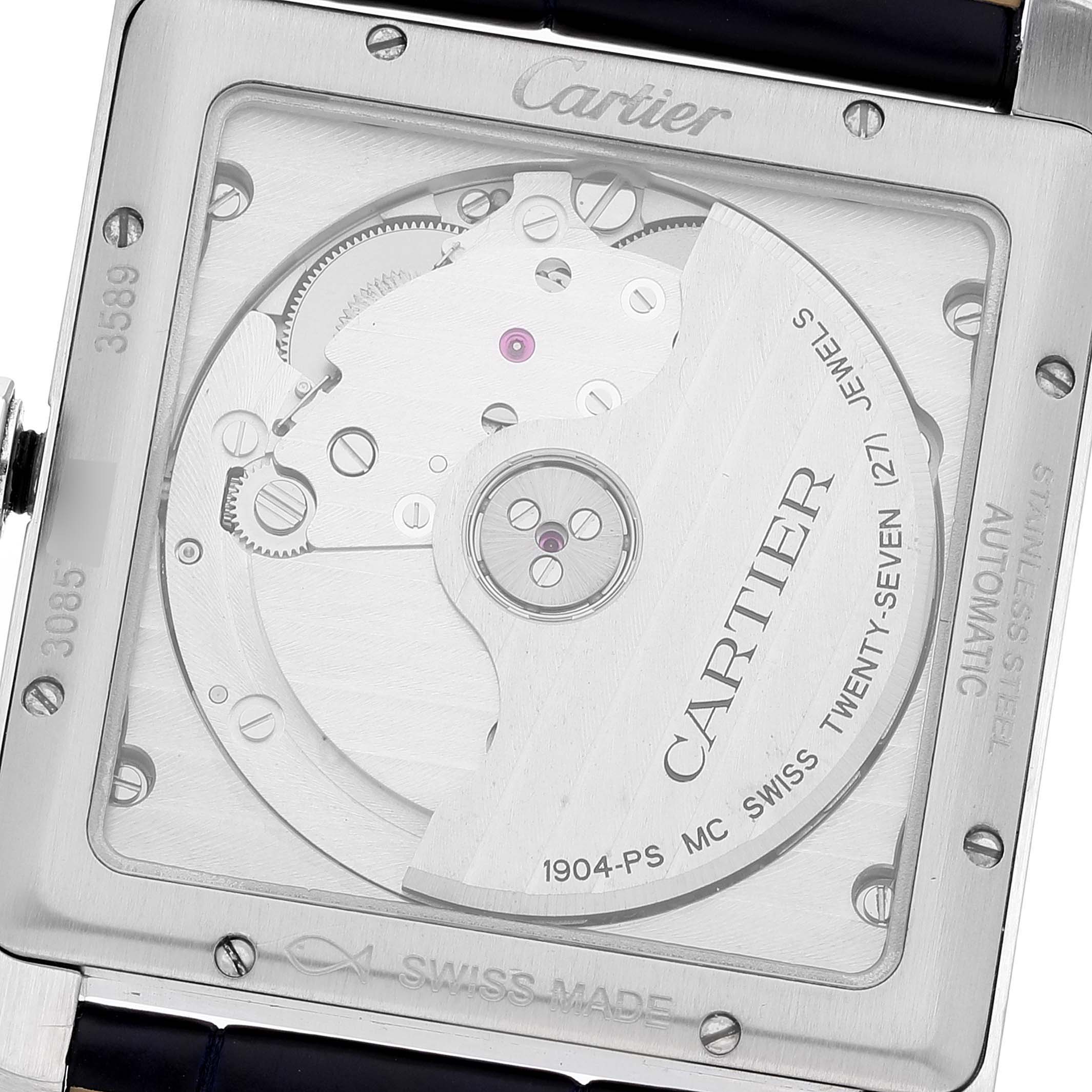 The image shows the back view of the Cartier Tank MC WSTA0010 Men's Stainless Steel Blue Dial WSTA0010 Men's Stainless Steel Blue Dial watch, highlighting its automatic movement and internal mechanisms.