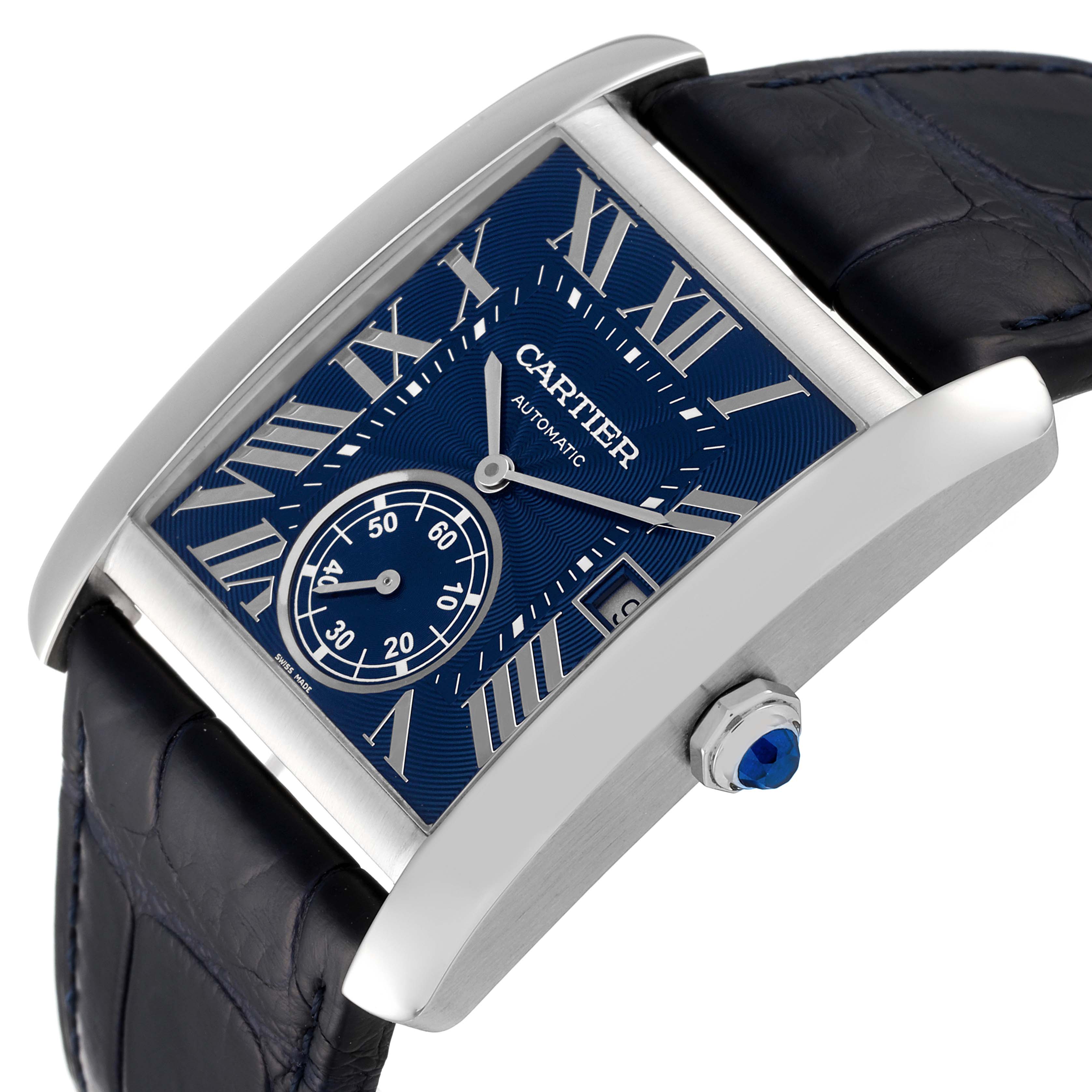 This angled view of the Cartier Tank MC WSTA0010 Men's Stainless Steel Blue Dial WSTA0010 Men's Stainless Steel Blue Dial watch shows the face, case, crown, and part of the strap.