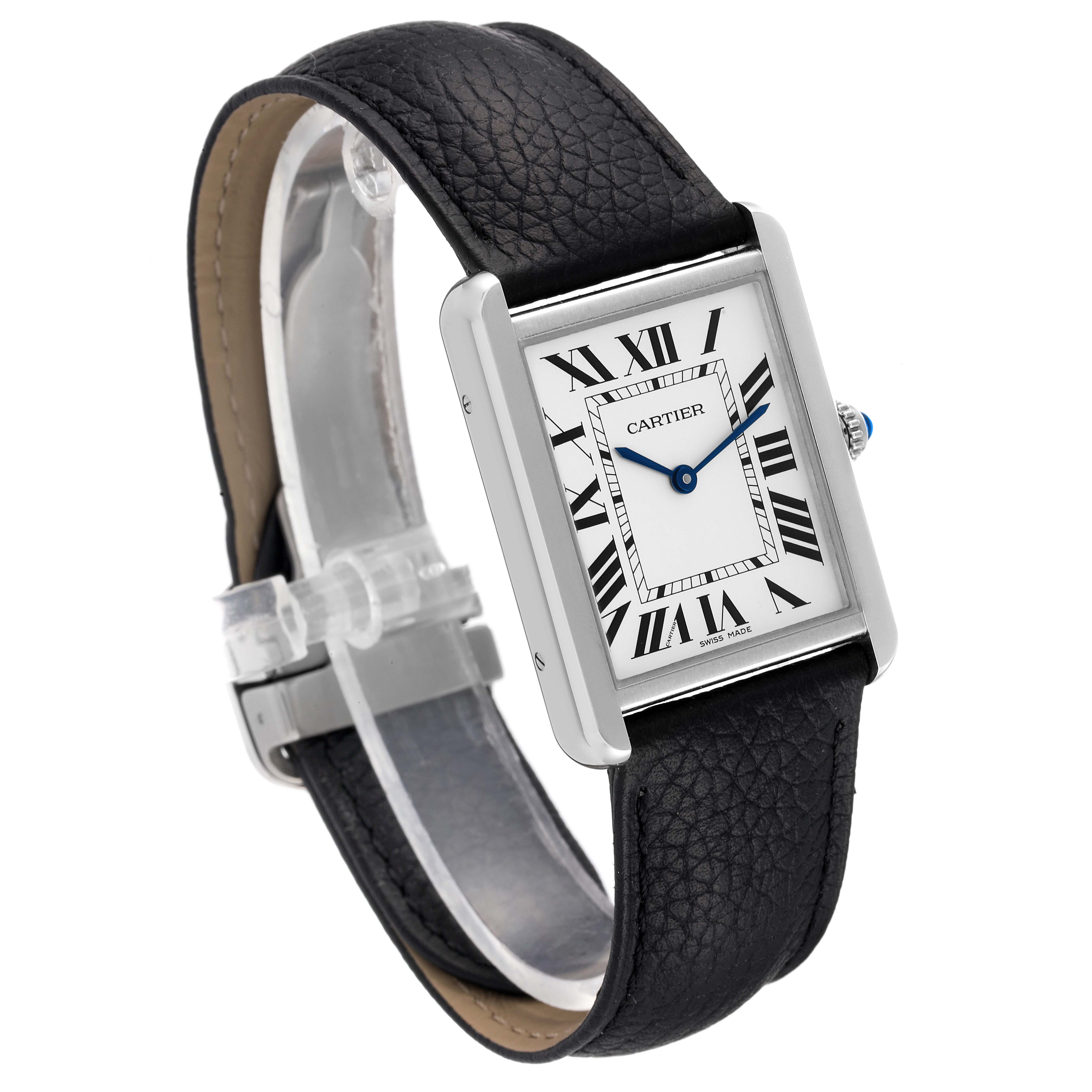 The image shows a Cartier Tank Solo WSTA0028 Men's Stainless Steel Silver Dial WSTA0028 Men's Stainless Steel Silver Dial watch at a slight angle, highlighting its rectangular face and black leather strap.