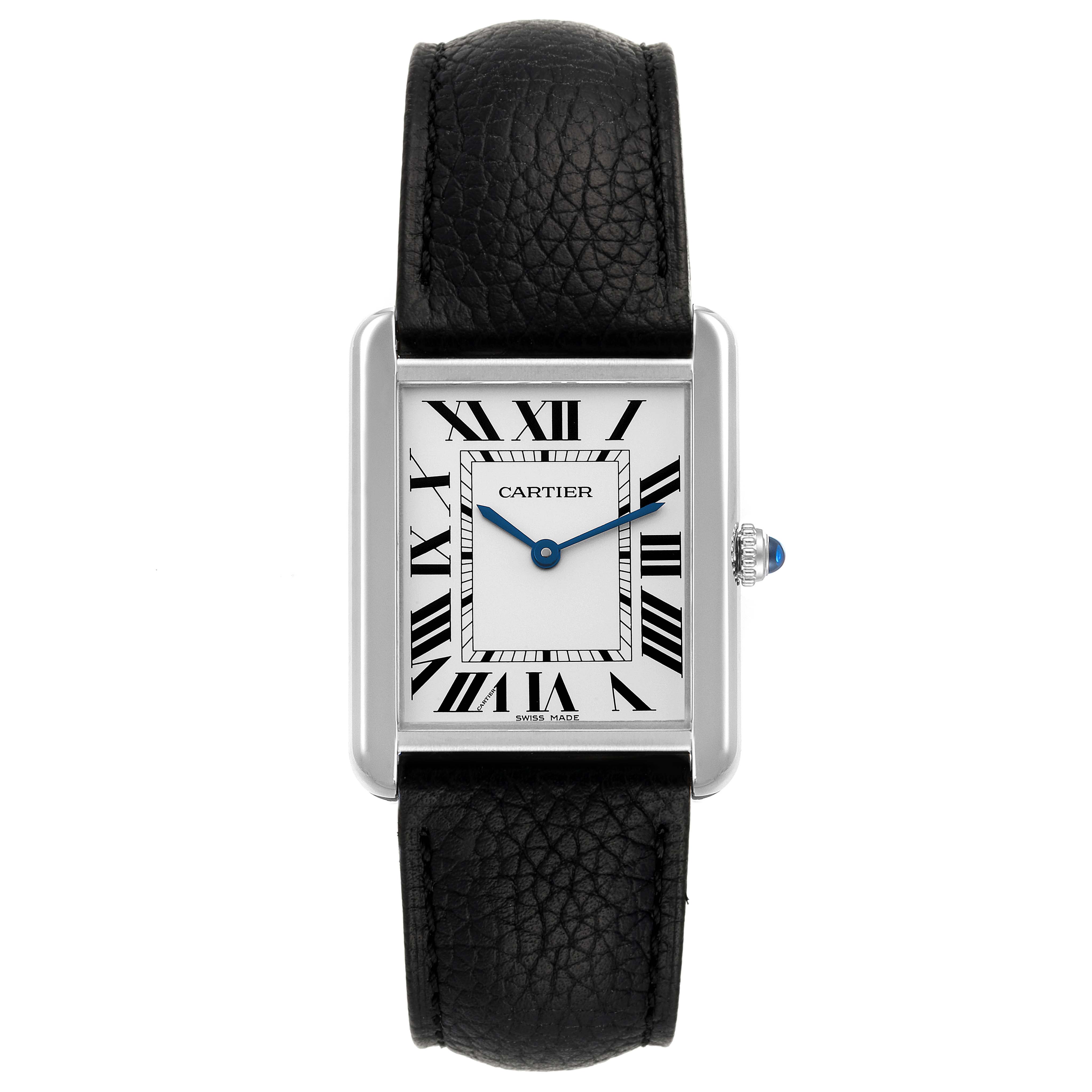The image shows a front view of a Tank Solo by Cartier watch, highlighting its rectangular dial, Roman numerals, and black leather strap.