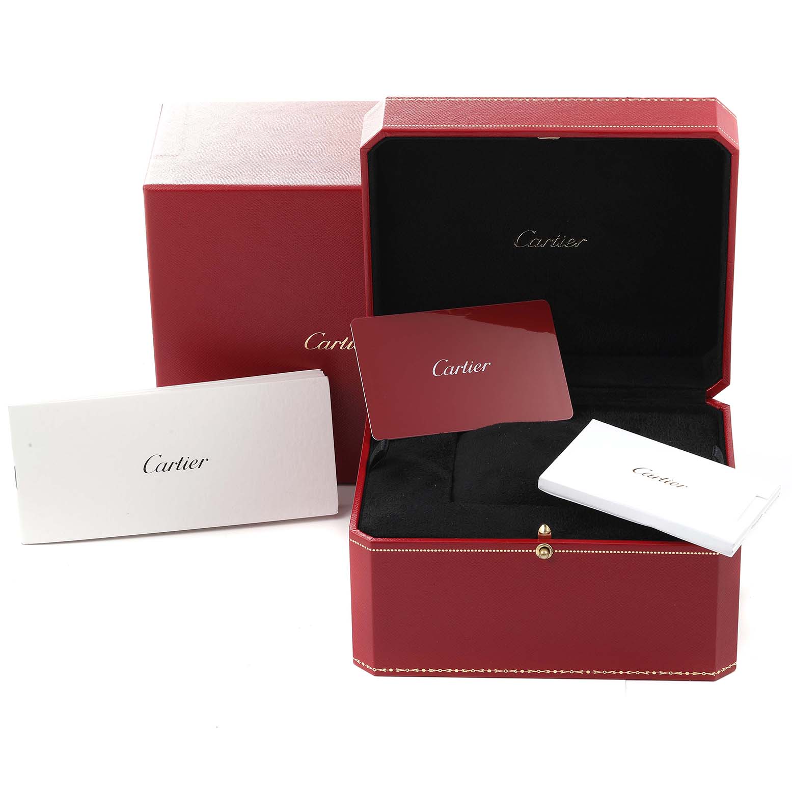 The image shows the box and accessories for the Cartier Tank Solo WSTA0028 Men's Stainless Steel Silver Dial WSTA0028 Men's Stainless Steel Silver Dial watch, including a red box, warranty card, and documentation.