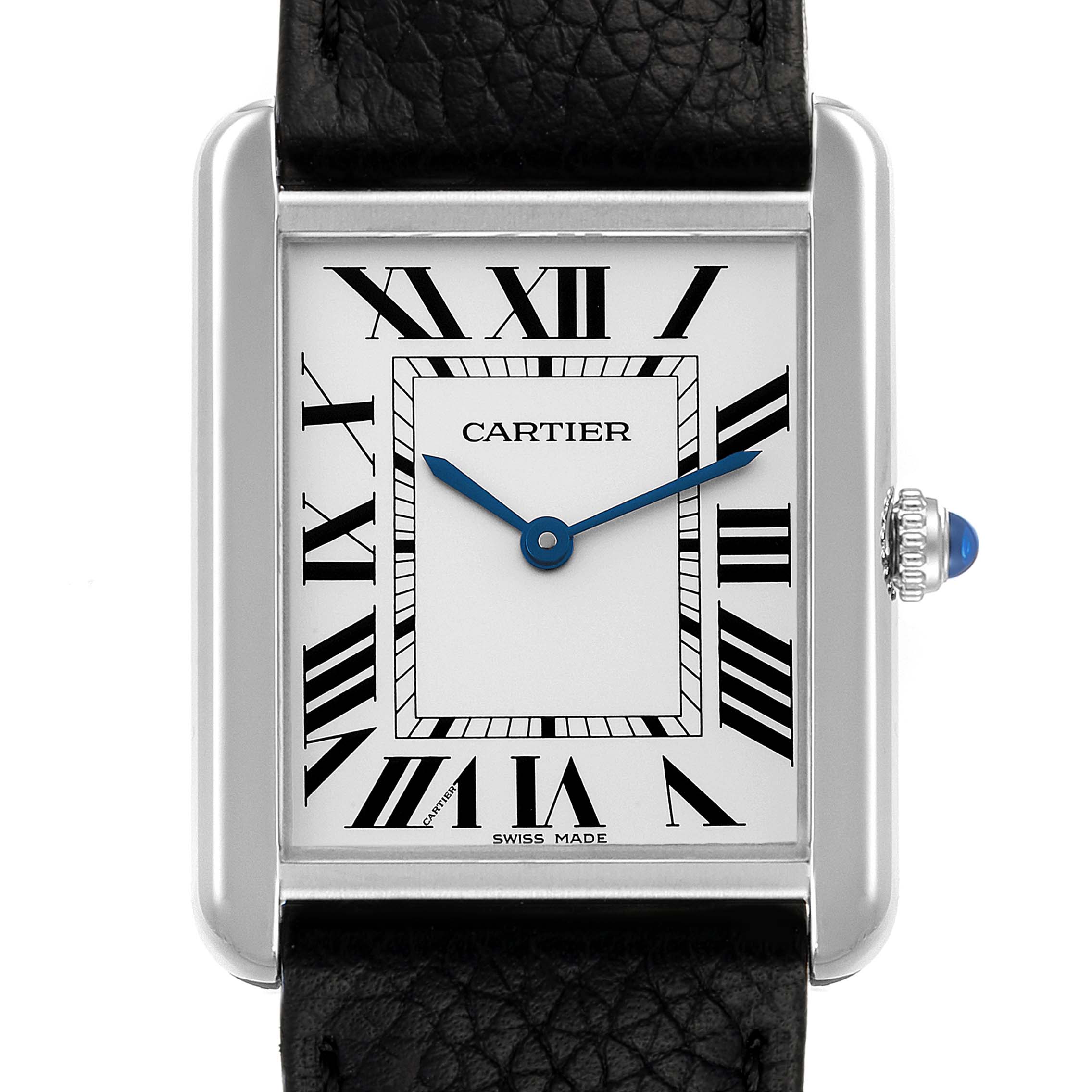 This image shows the face and upper part of the strap of a Cartier Tank Solo WSTA0028 Men's Stainless Steel Silver Dial WSTA0028 Men's Stainless Steel Silver Dial watch, featuring Roman numerals and blue hands.