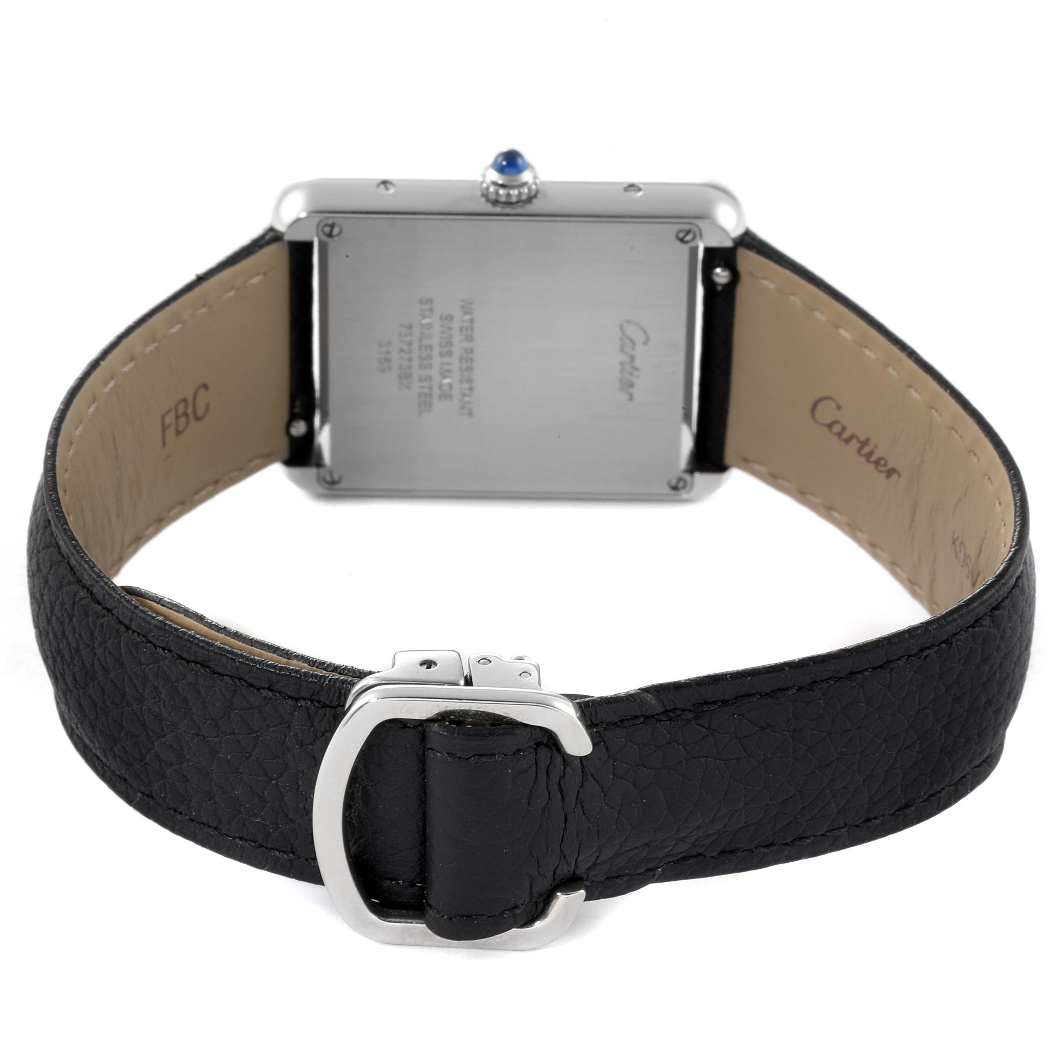 This image shows the back of a Cartier Tank Solo WSTA0028 Men's Stainless Steel Silver Dial WSTA0028 Men's Stainless Steel Silver Dial watch, highlighting the case back, crown, and black leather strap with buckle.