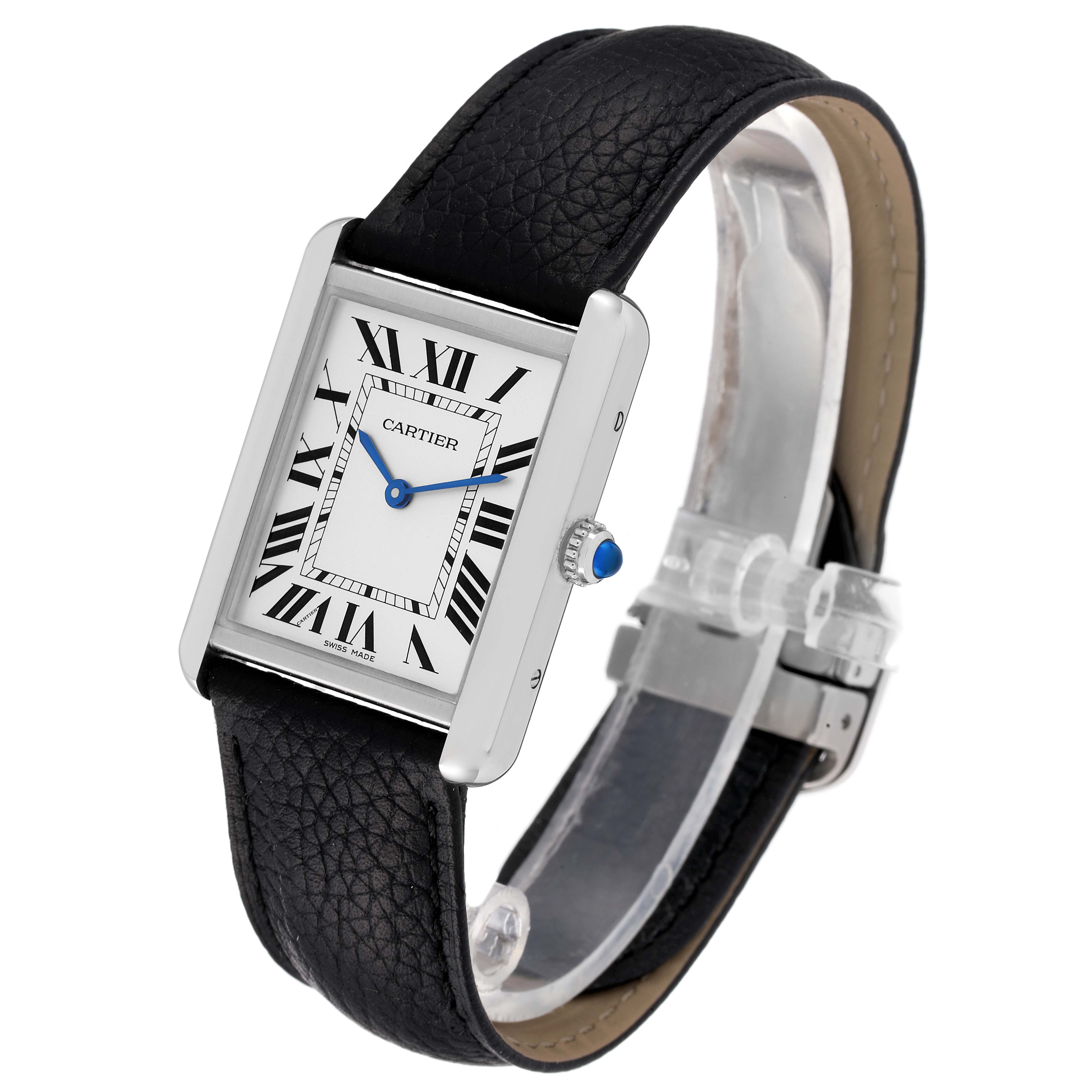 The Cartier Tank Solo WSTA0028 Men's Stainless Steel Silver Dial WSTA0028 Men's Stainless Steel Silver Dial watch is shown at an angled view, highlighting the face, Roman numerals, hands, crown, and black leather strap.