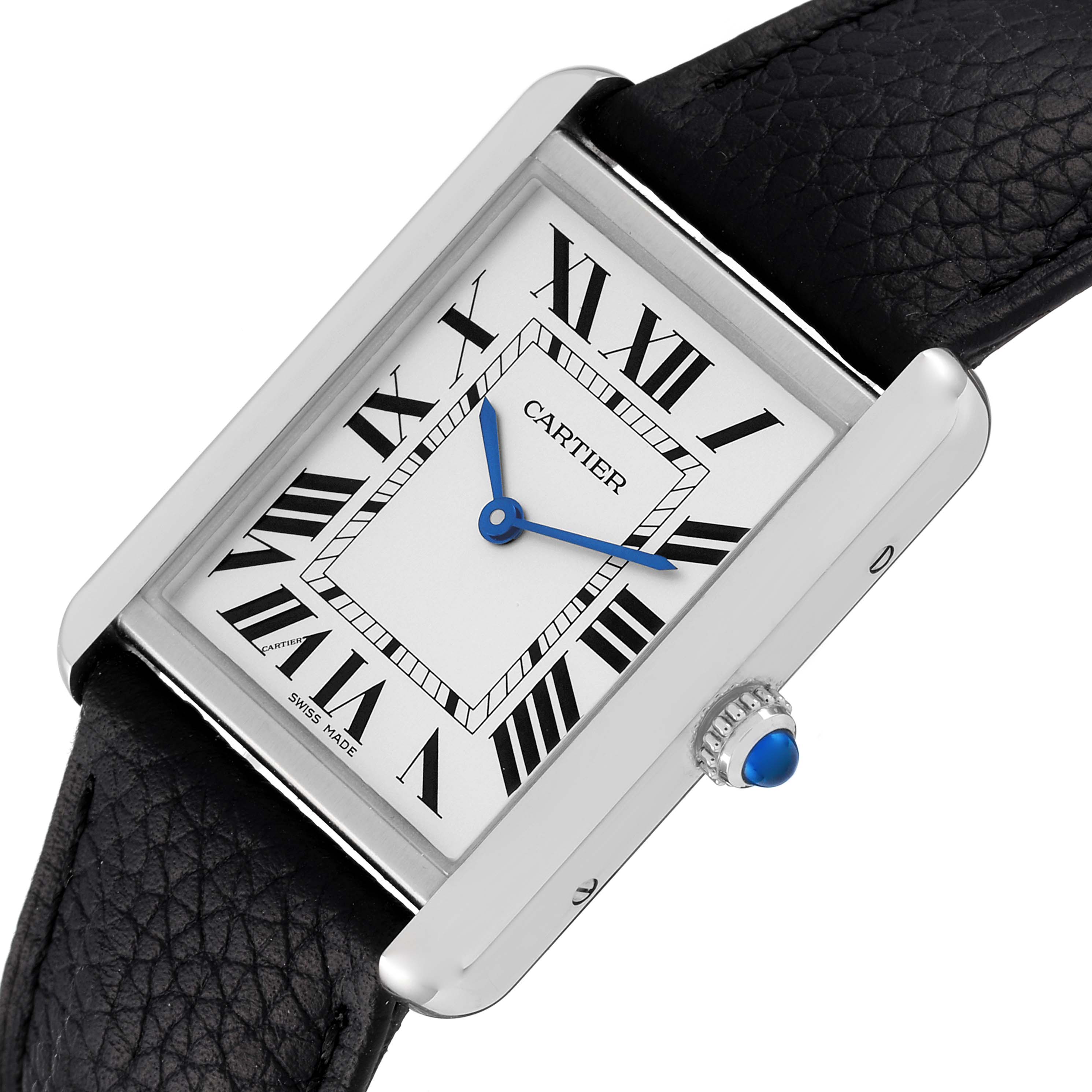 The image shows a Cartier Tank Solo WSTA0028 Men's Stainless Steel Silver Dial WSTA0028 Men's Stainless Steel Silver Dial watch at a slight angle, highlighting the face, crown, and leather strap.