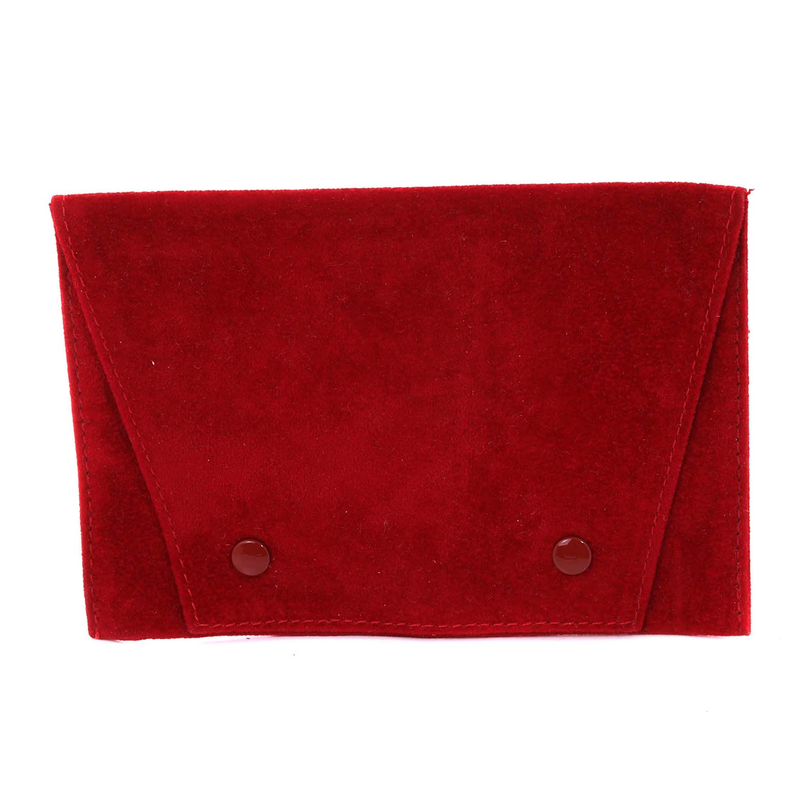 This is a red suede pouch for the Cartier Tank Solo W5200002 Women's Steel and Gold (two tone) Silver Dial W5200002 Women's Steel and Gold (two tone) Silver Dial model, shown from the front with two button closures.