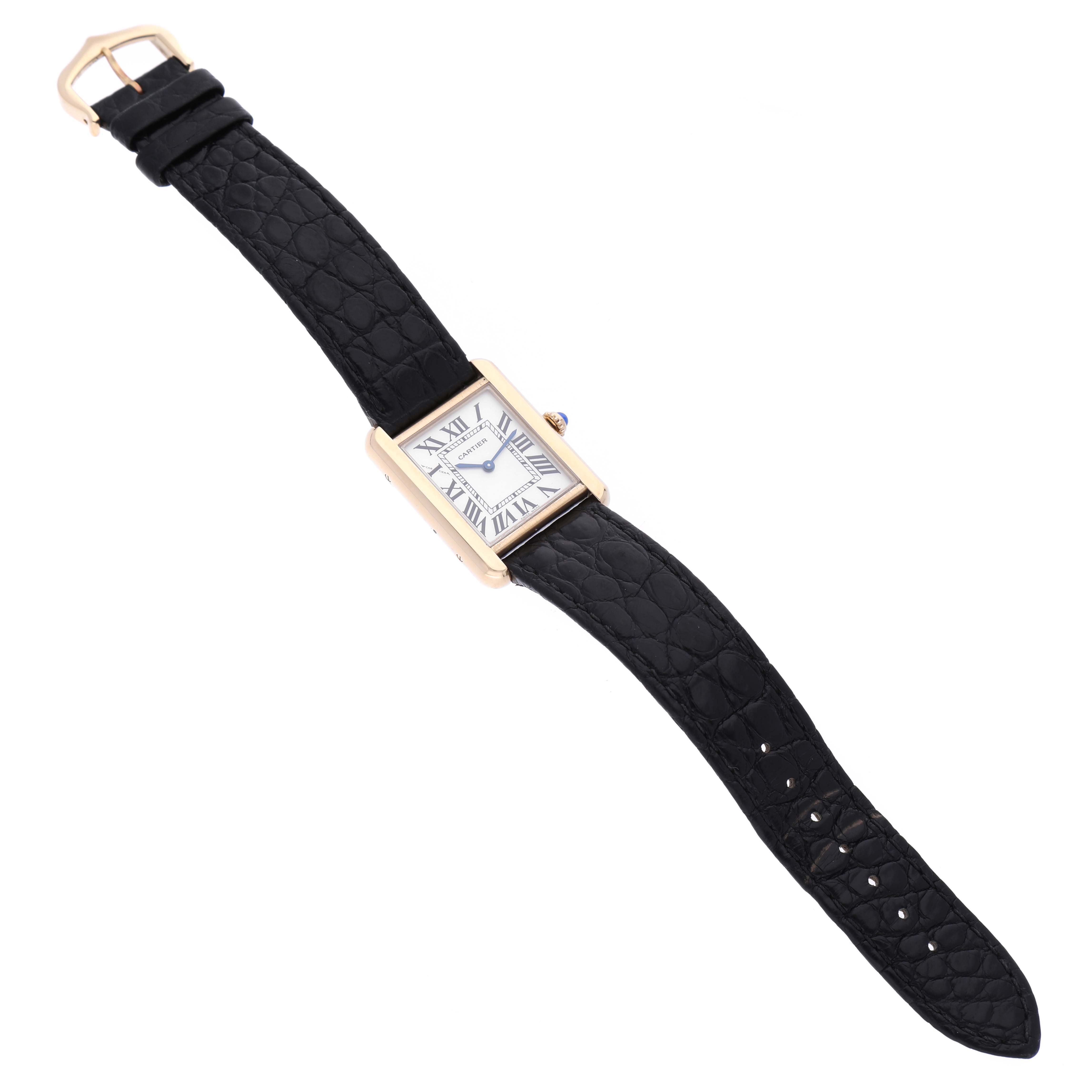 The image shows a Cartier Tank Solo W5200002 Women's Steel and Gold (two tone) Silver Dial W5200002 Women's Steel and Gold (two tone) Silver Dial watch from an angled top-down view, displaying the strap, rectangular case, dial, and crown.