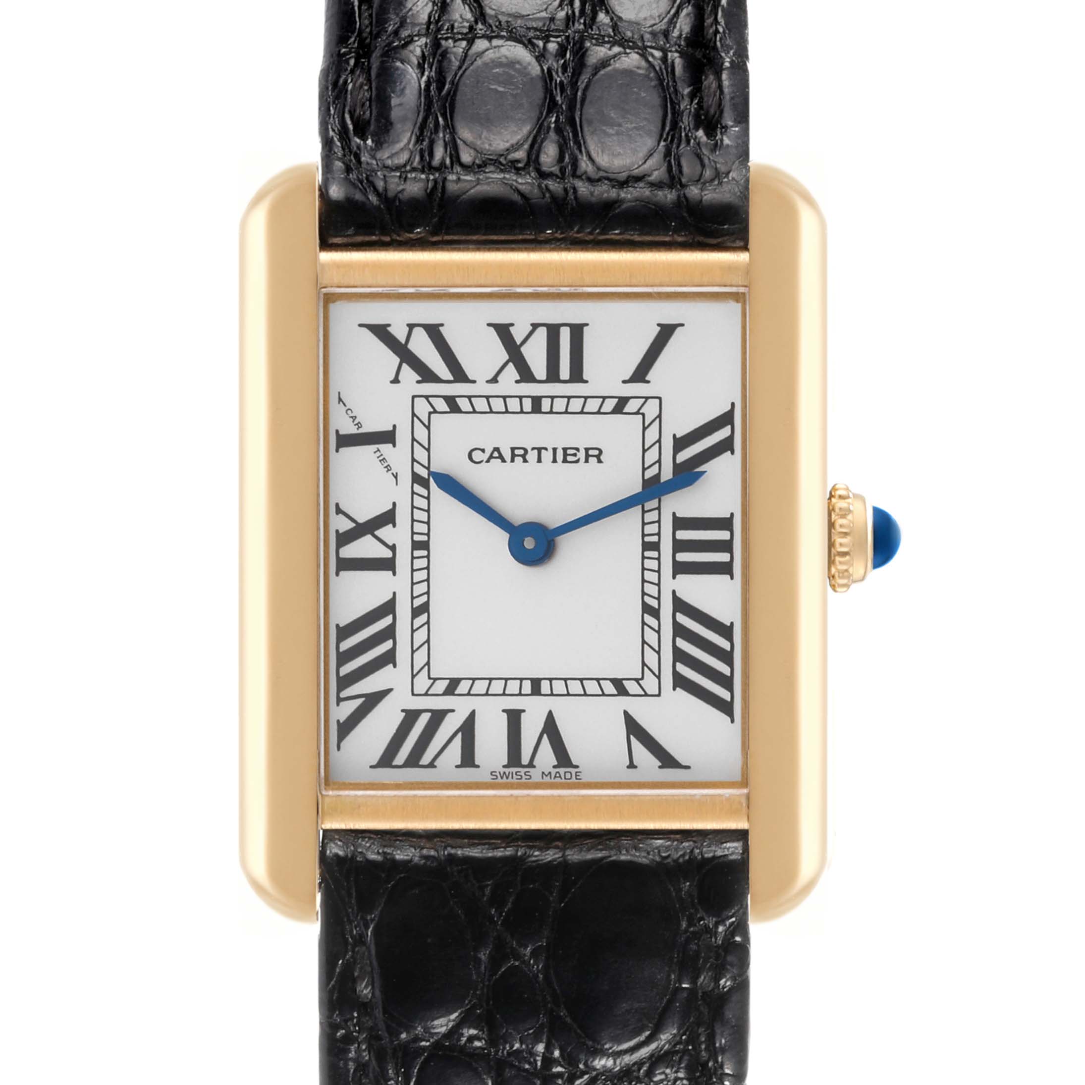 This image shows a front view of a Cartier Tank Solo W5200002 Women's Steel and Gold (two tone) Silver Dial W5200002 Women's Steel and Gold (two tone) Silver Dial watch, displaying its rectangular face, Roman numerals, blue hands, and leather strap.