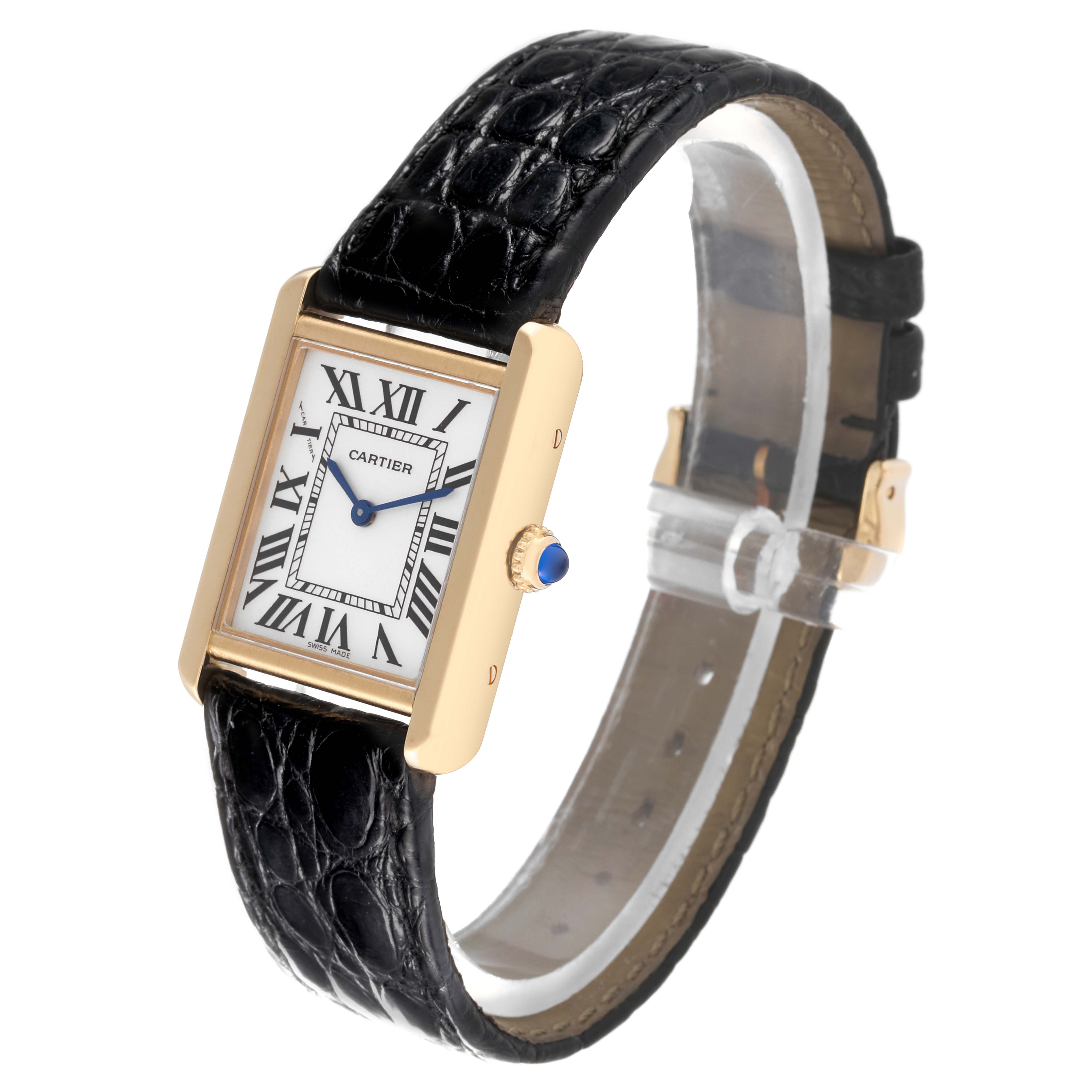 The Cartier Tank Solo W5200002 Women's Steel and Gold (two tone) Silver Dial W5200002 Women's Steel and Gold (two tone) Silver Dial watch is shown at an angled view, displaying its rectangular face, Roman numerals, black leather strap, and gold case.