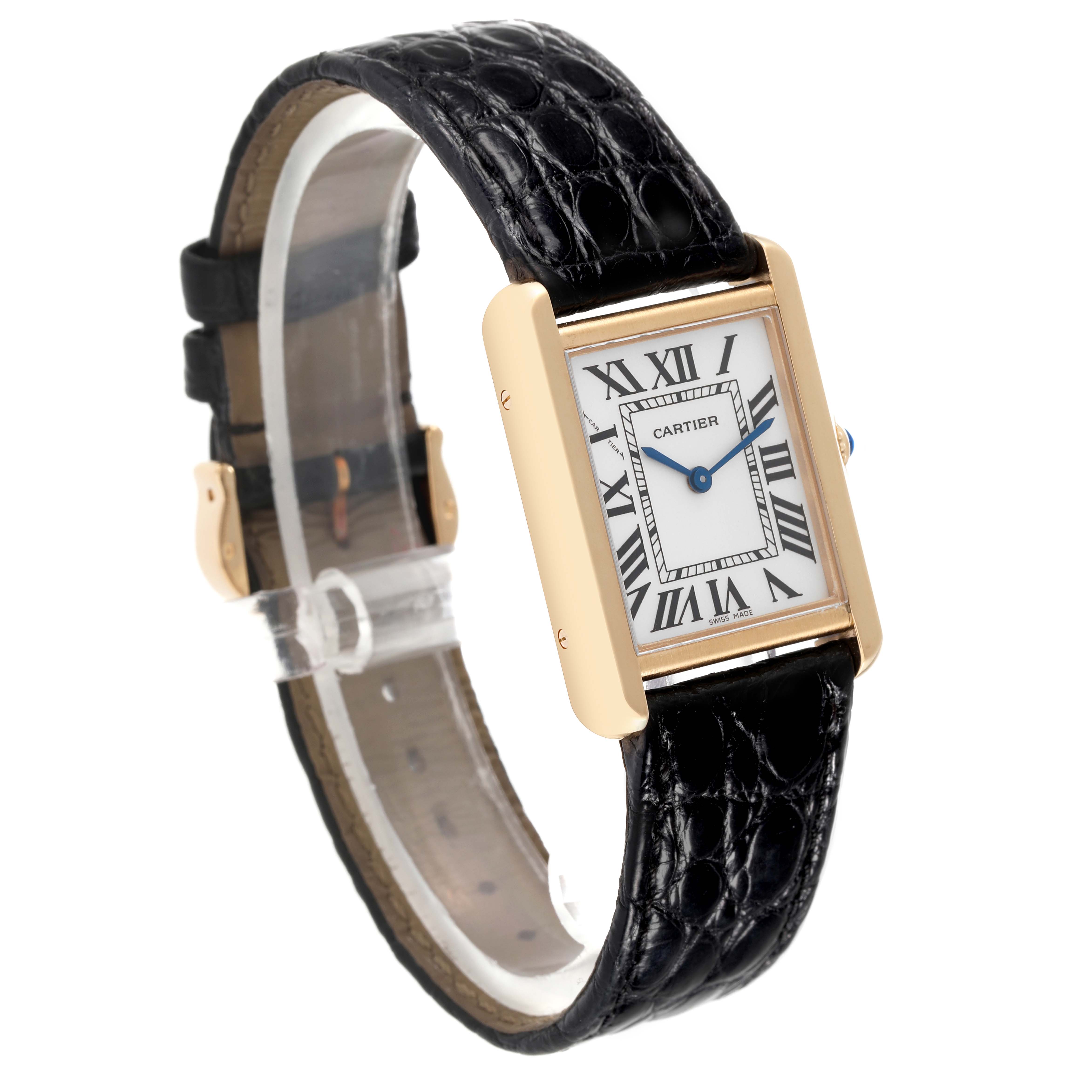 The image shows a Cartier Tank Solo W5200002 Women's Steel and Gold (two tone) Silver Dial W5200002 Women's Steel and Gold (two tone) Silver Dial watch from a tilted side angle, highlighting its face, strap, and clasp.