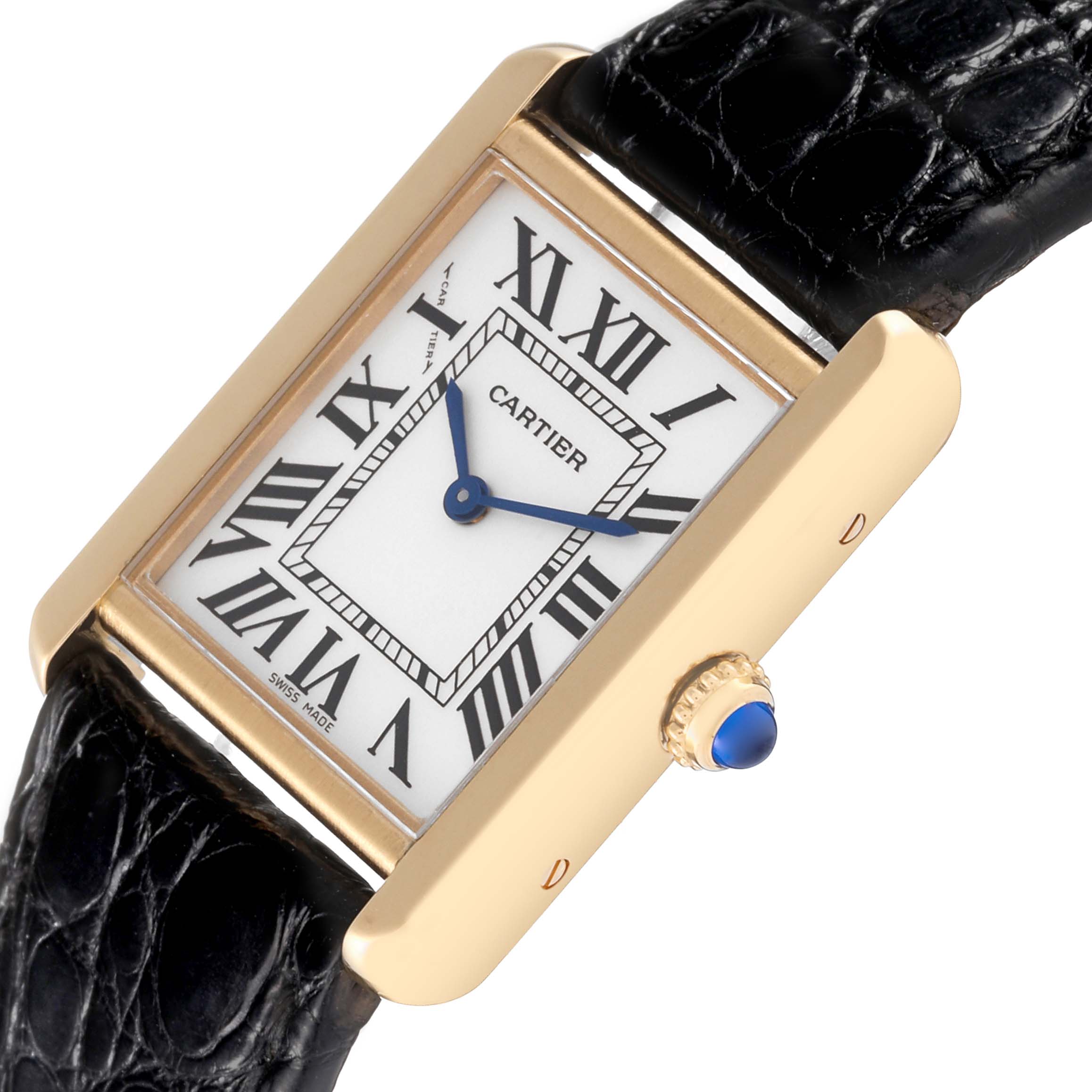 This Cartier Tank Solo W5200002 Women's Steel and Gold (two tone) Silver Dial W5200002 Women's Steel and Gold (two tone) Silver Dial watch is shown at an angled view highlighting the face, blue hands, Roman numerals, and the crown with a blue gem.
