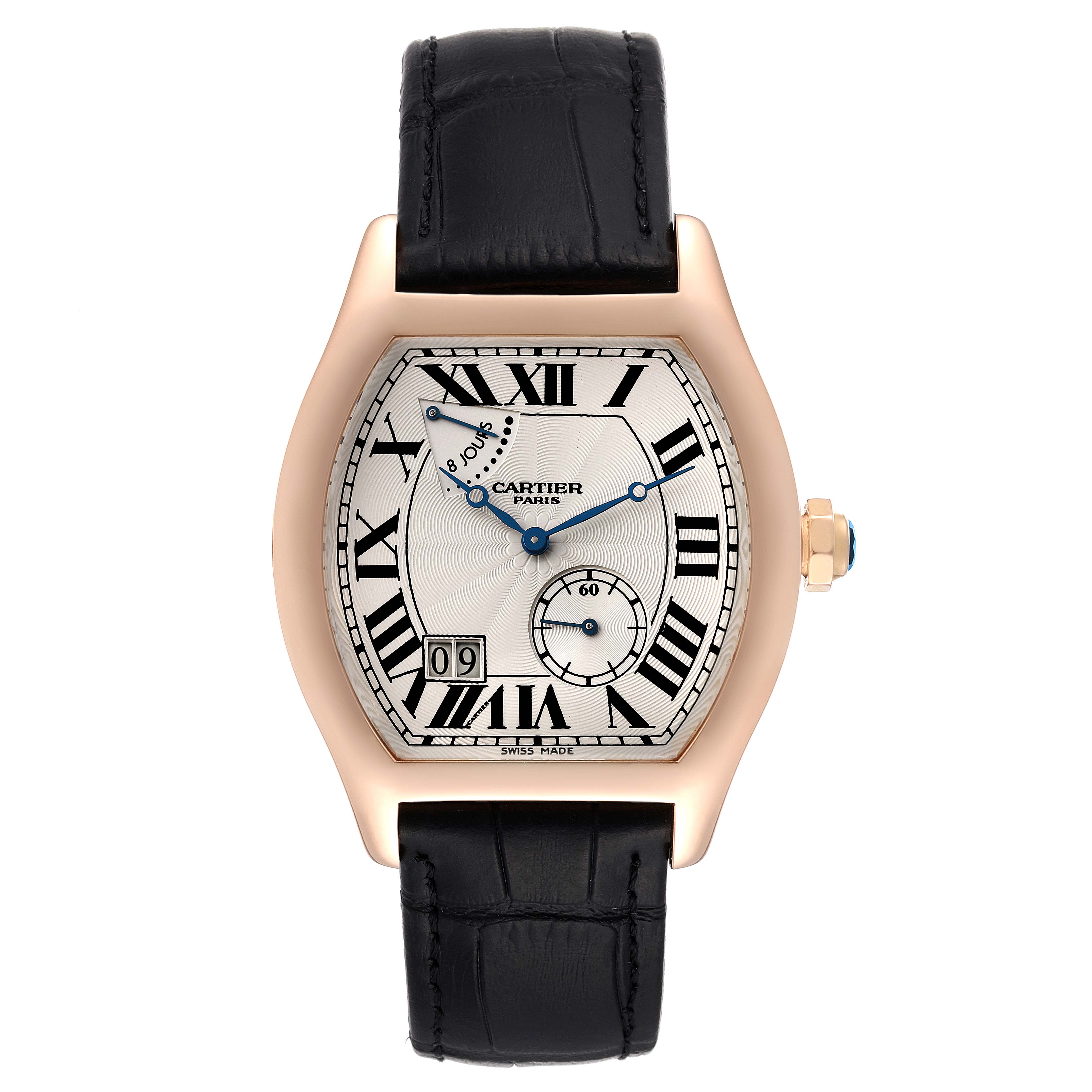 This image shows a front view of the Cartier Tortue W1545851 Men's Rose Gold Silver Dial W1545851 Men's Rose Gold Silver Dial watch, highlighting the face, hands, and black leather strap.