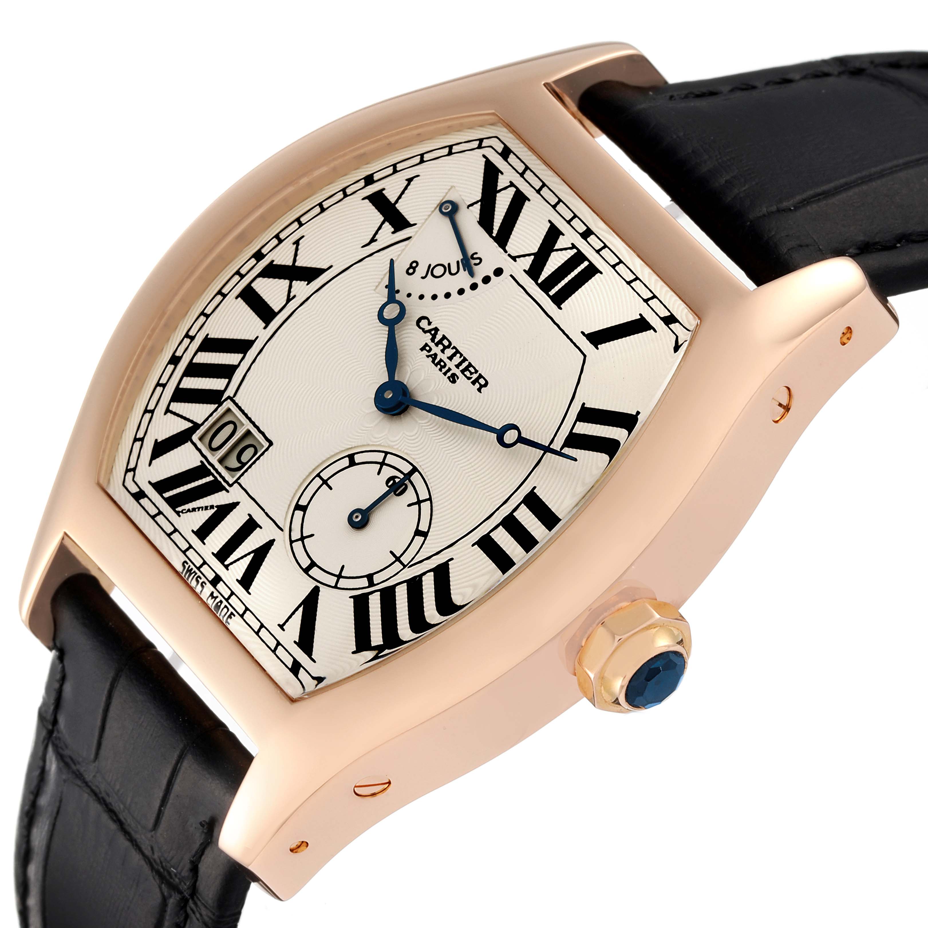 The Cartier Tortue W1545851 Men's Rose Gold Silver Dial W1545851 Men's Rose Gold Silver Dial watch is shown at an angle displaying the case, dial, crown, and part of the leather strap.