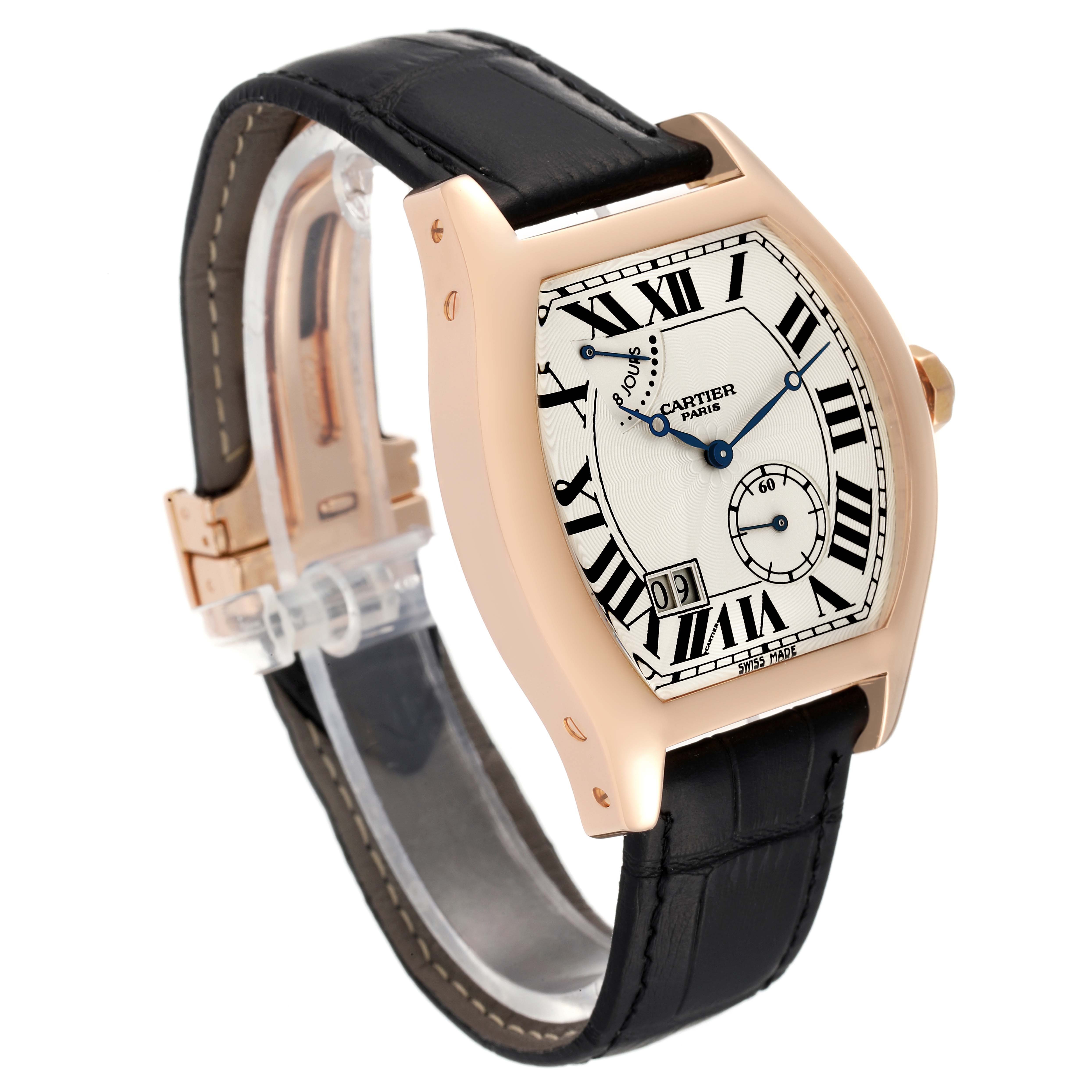 This image shows a front and slightly angled view of a Cartier Tortue W1545851 Men's Rose Gold Silver Dial W1545851 Men's Rose Gold Silver Dial watch with a black leather strap.