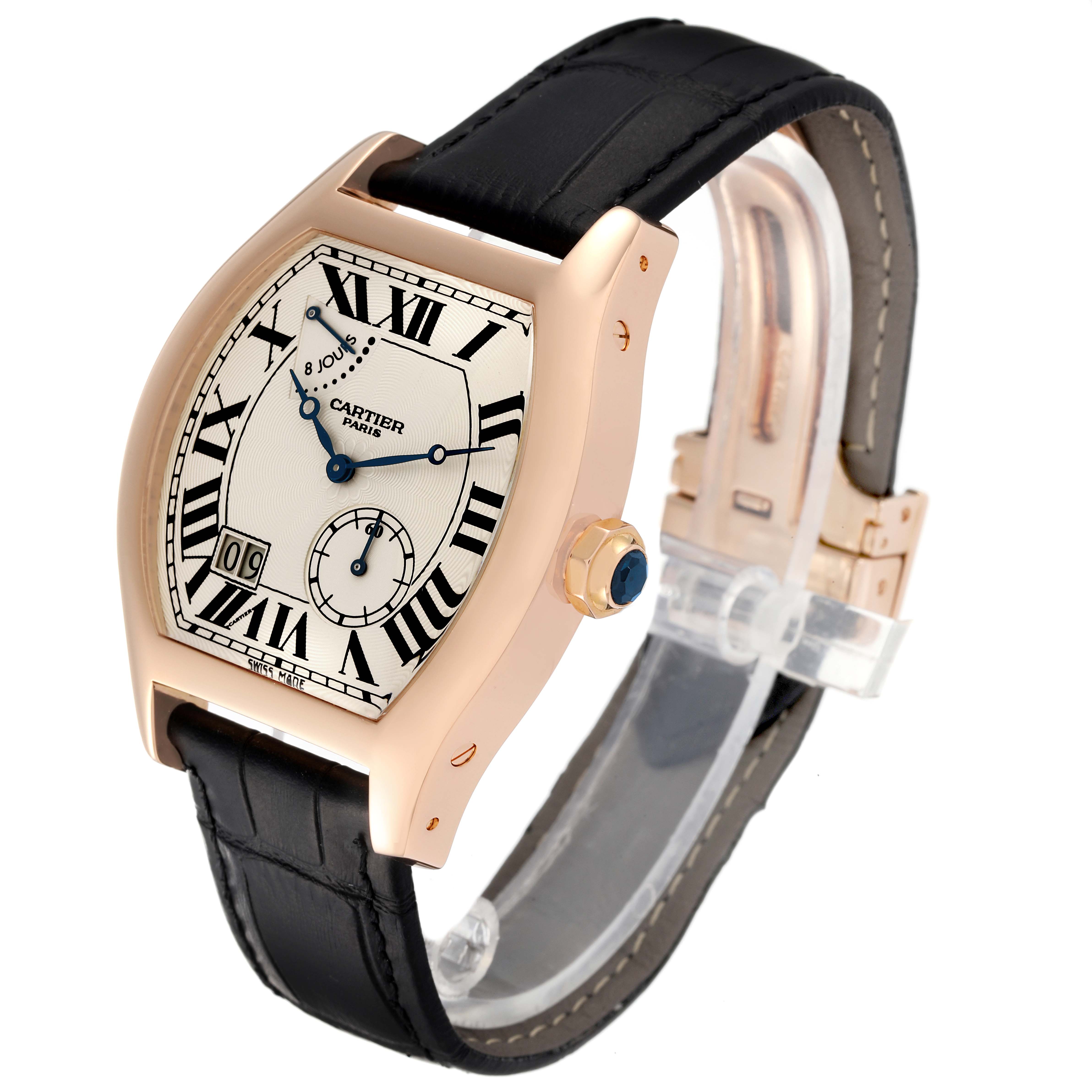 The image shows a rose gold Cartier Tortue W1545851 Men's Rose Gold Silver Dial W1545851 Men's Rose Gold Silver Dial watch at a three-quarter angle, highlighting the dial, crown, and black leather strap.