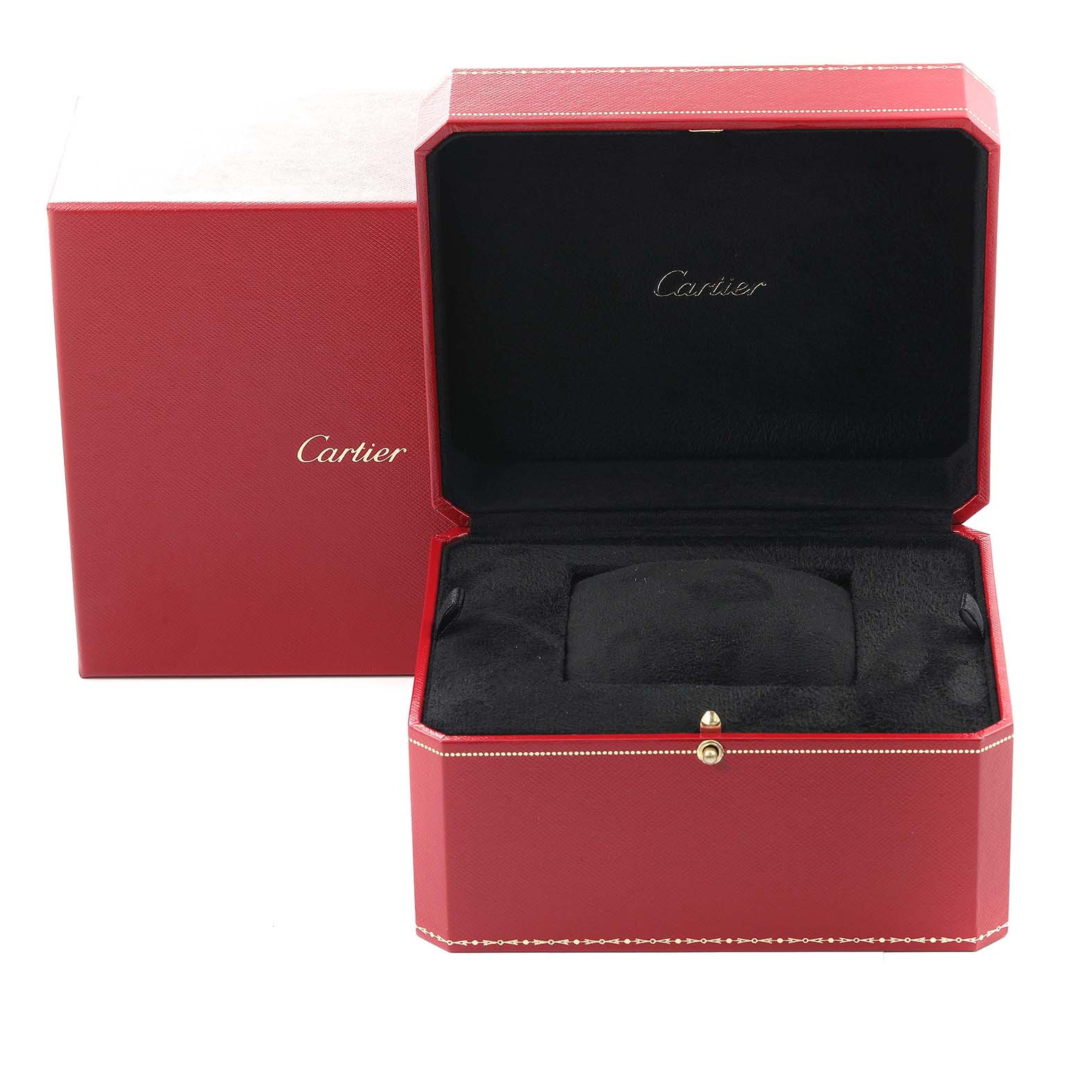 The image shows an open red Cartier box for the Tortue model watch, with the Cartier logo inside the box.