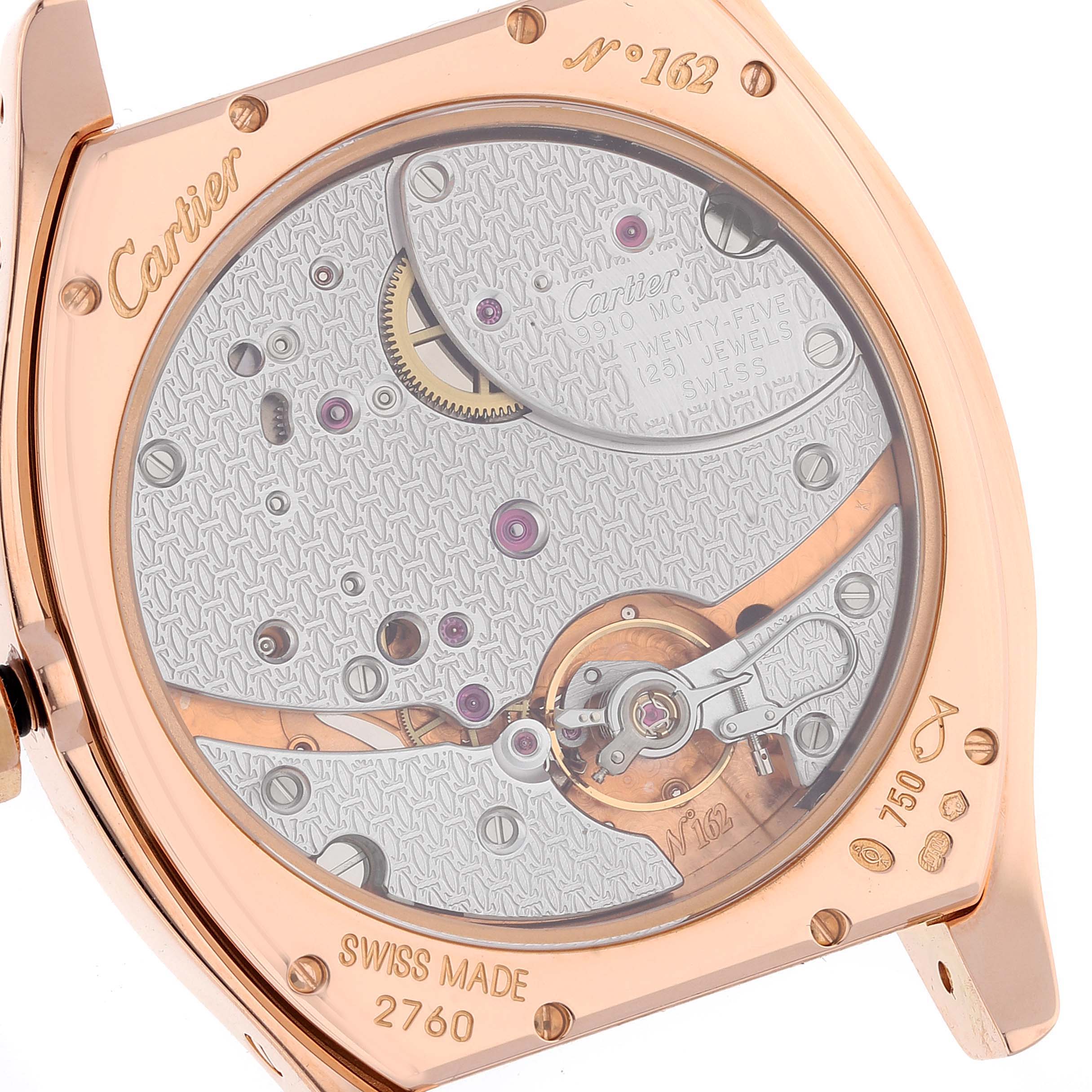 The image shows the back view of a Cartier Tortue W1545851 Men's Rose Gold Silver Dial W1545851 Men's Rose Gold Silver Dial watch, highlighting the intricate inner mechanisms and "Swiss Made" marking.