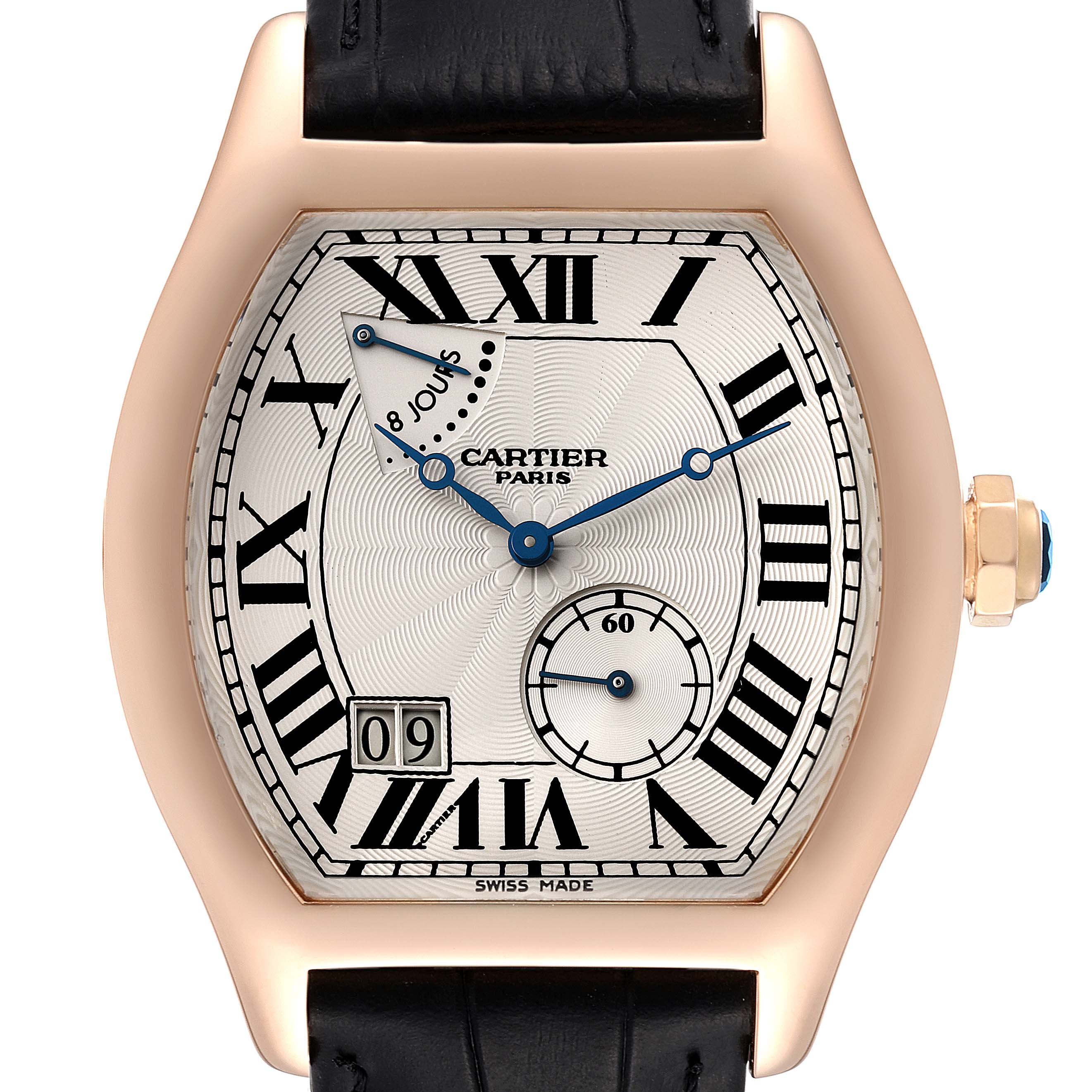 The image shows a front view of the Cartier Tortue W1545851 Men's Rose Gold Silver Dial W1545851 Men's Rose Gold Silver Dial watch, highlighting the dial and strap.