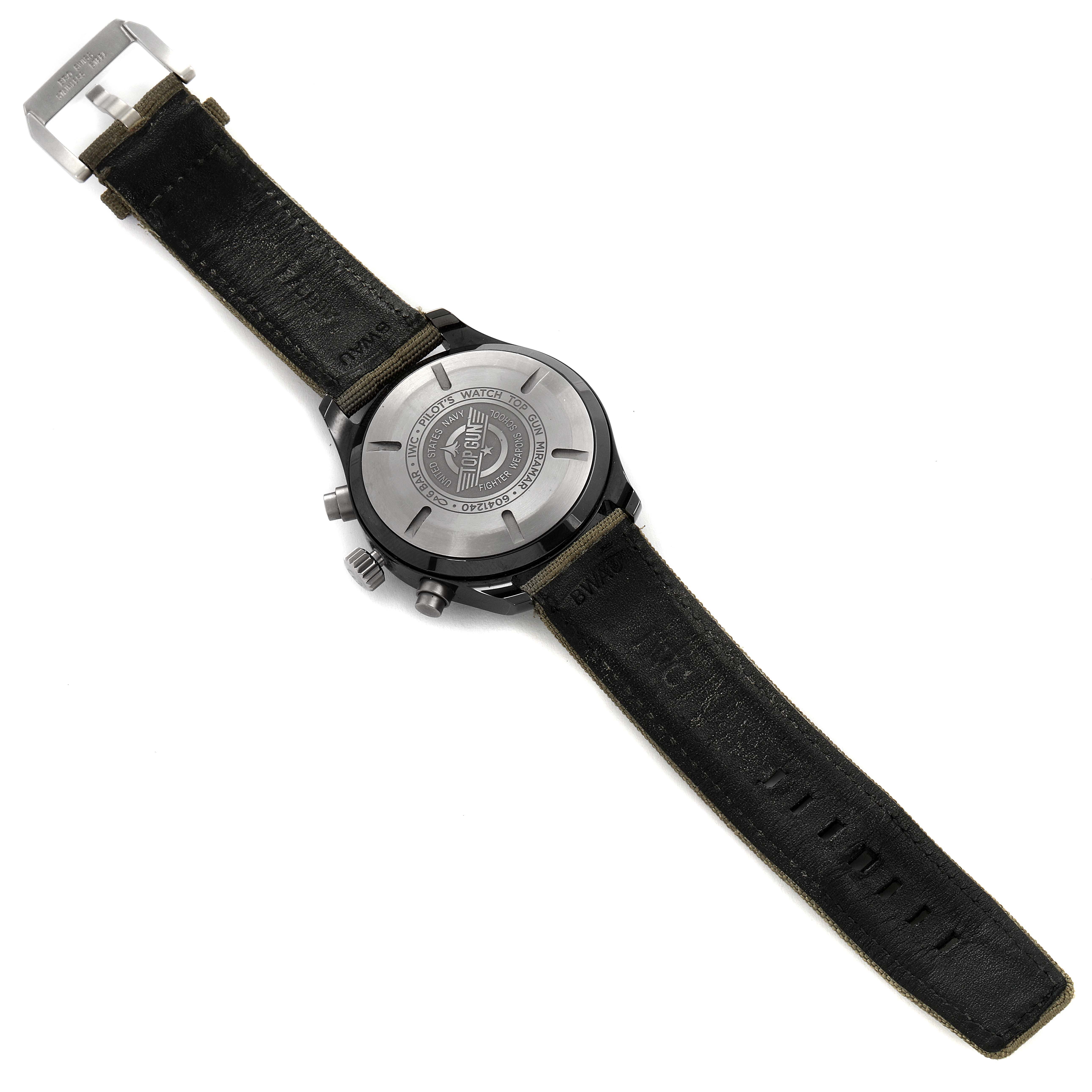 This image shows the back view of an IWC Pilot IW389002 Men's Ceramic Black Dial IW389002 Men's Ceramic Black Dial watch, highlighting the case back, strap, and buckle.