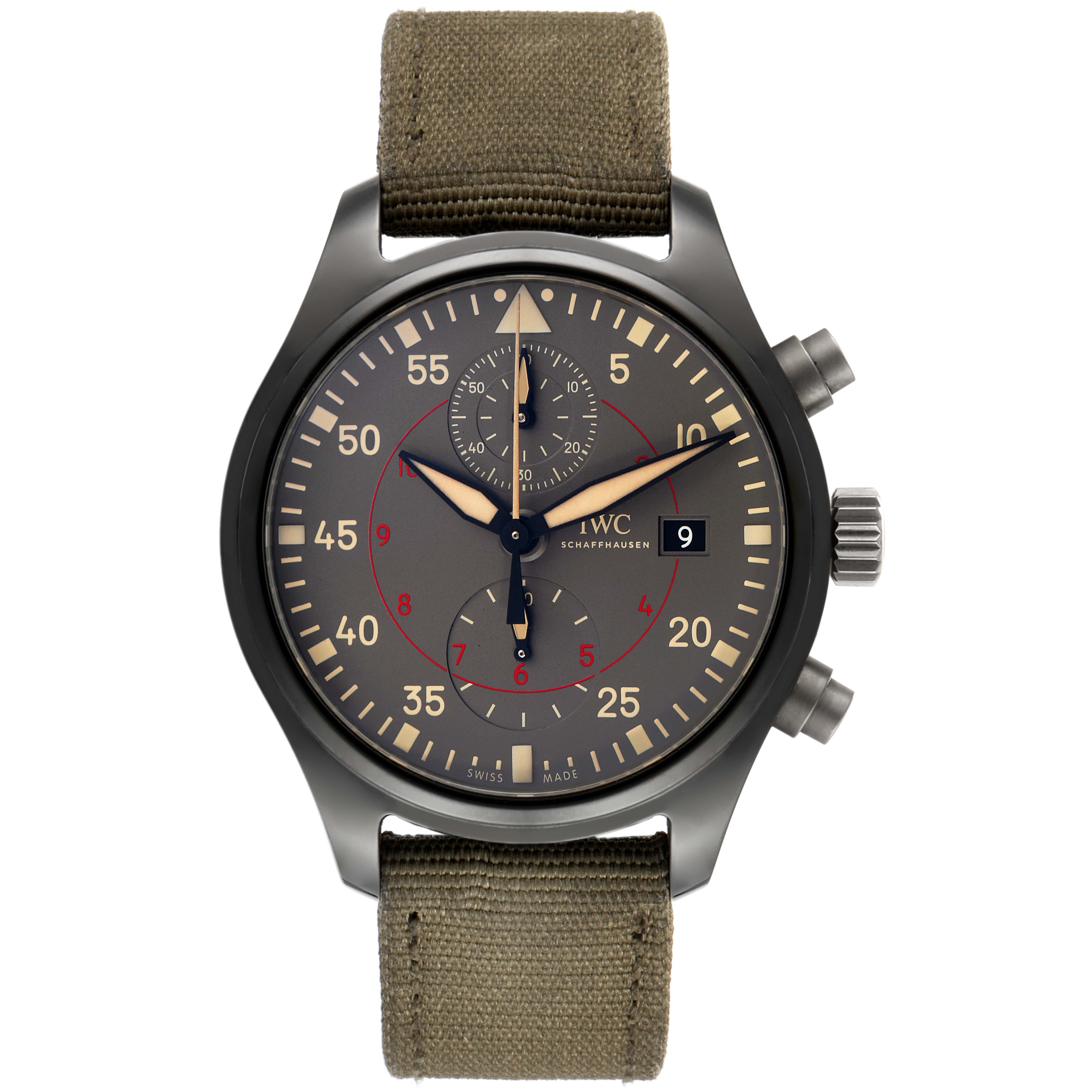 The image shows a front view of an IWC Pilot IW389002 Men's Ceramic Black Dial IW389002 Men's Ceramic Black Dial model watch, displaying its dial, hands, chronograph, and strap.
