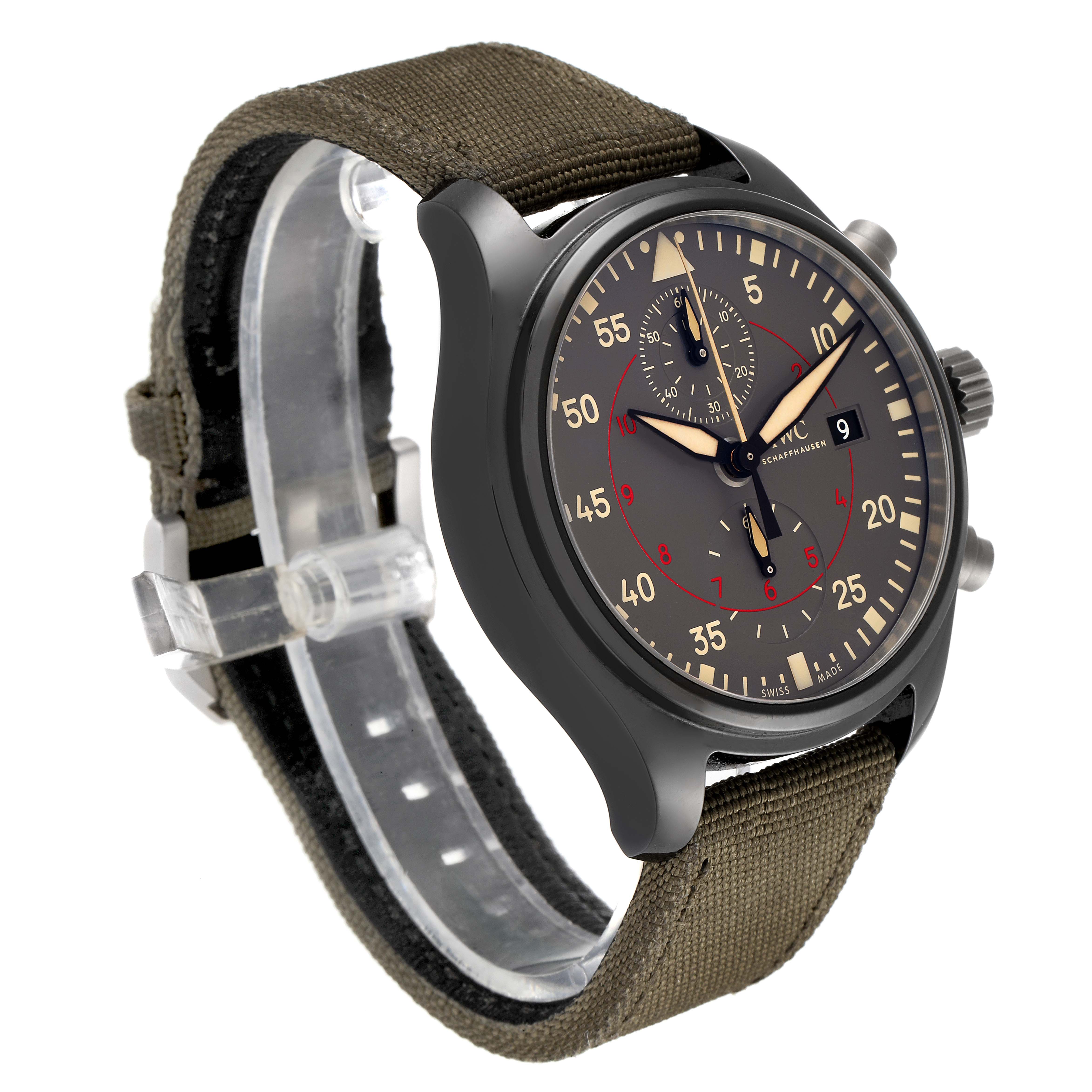 The image shows an angled view of the IWC Pilot IW389002 Men's Ceramic Black Dial IW389002 Men's Ceramic Black Dial model watch, displaying its face and olive-green strap.