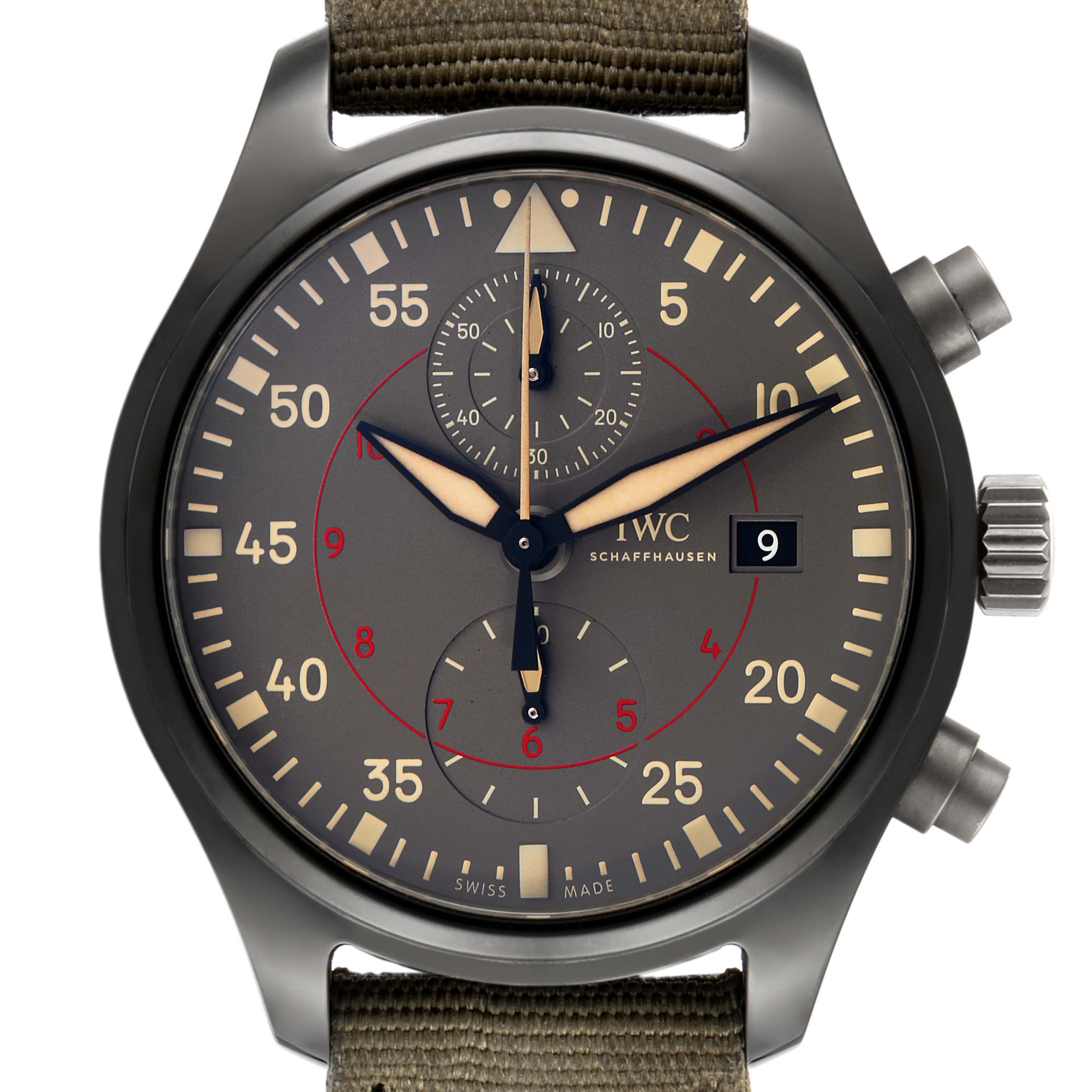 This image shows the face, crown, pushers, and strap of the IWC Pilot IW389002 Men's Ceramic Black Dial IW389002 Men's Ceramic Black Dial model watch from a front angle.