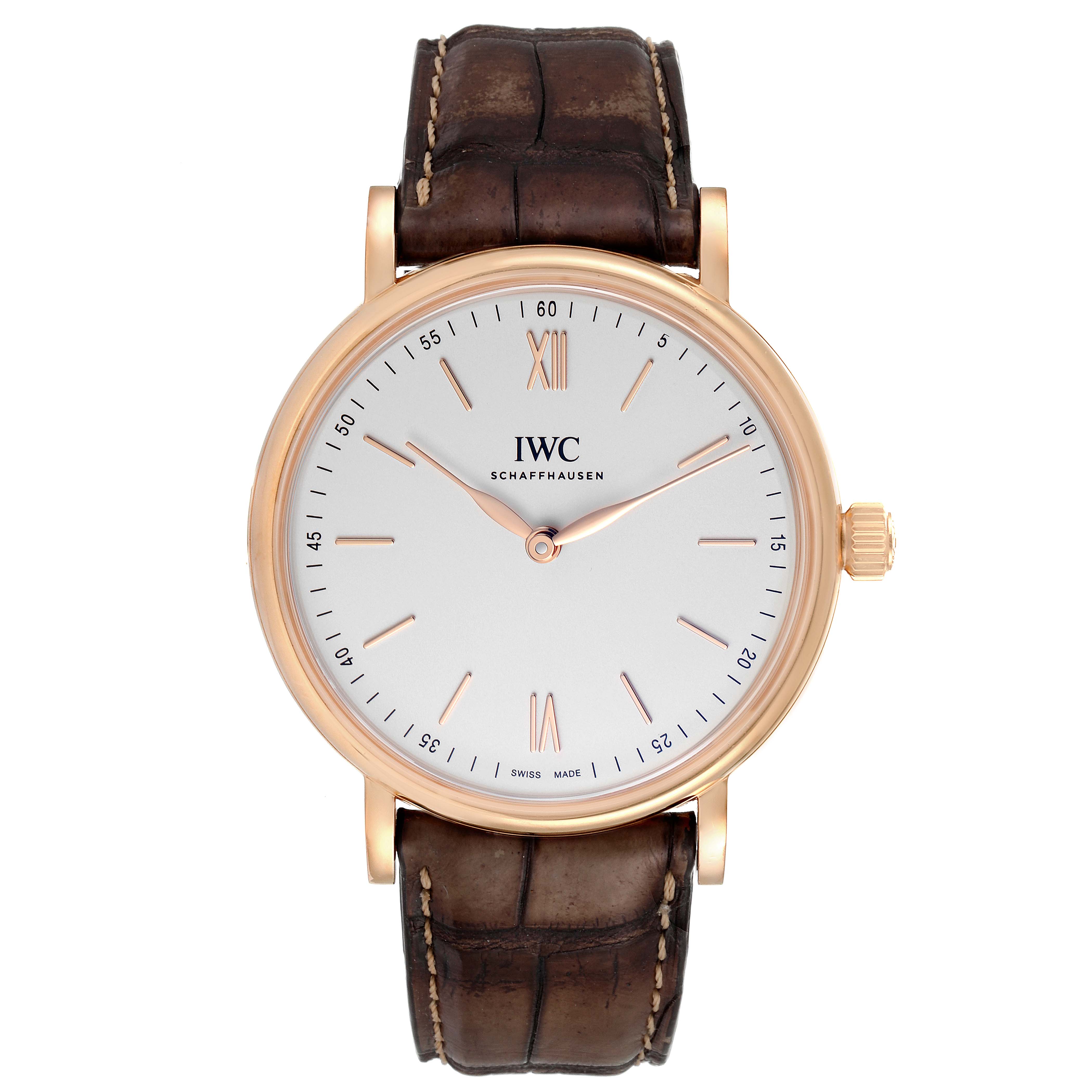 This image shows a front view of the IWC Portofino IW511101 Men's Rose Gold Silver Dial IW511101 Men's Rose Gold Silver Dial watch, showcasing its dial, hands, case, and leather strap.