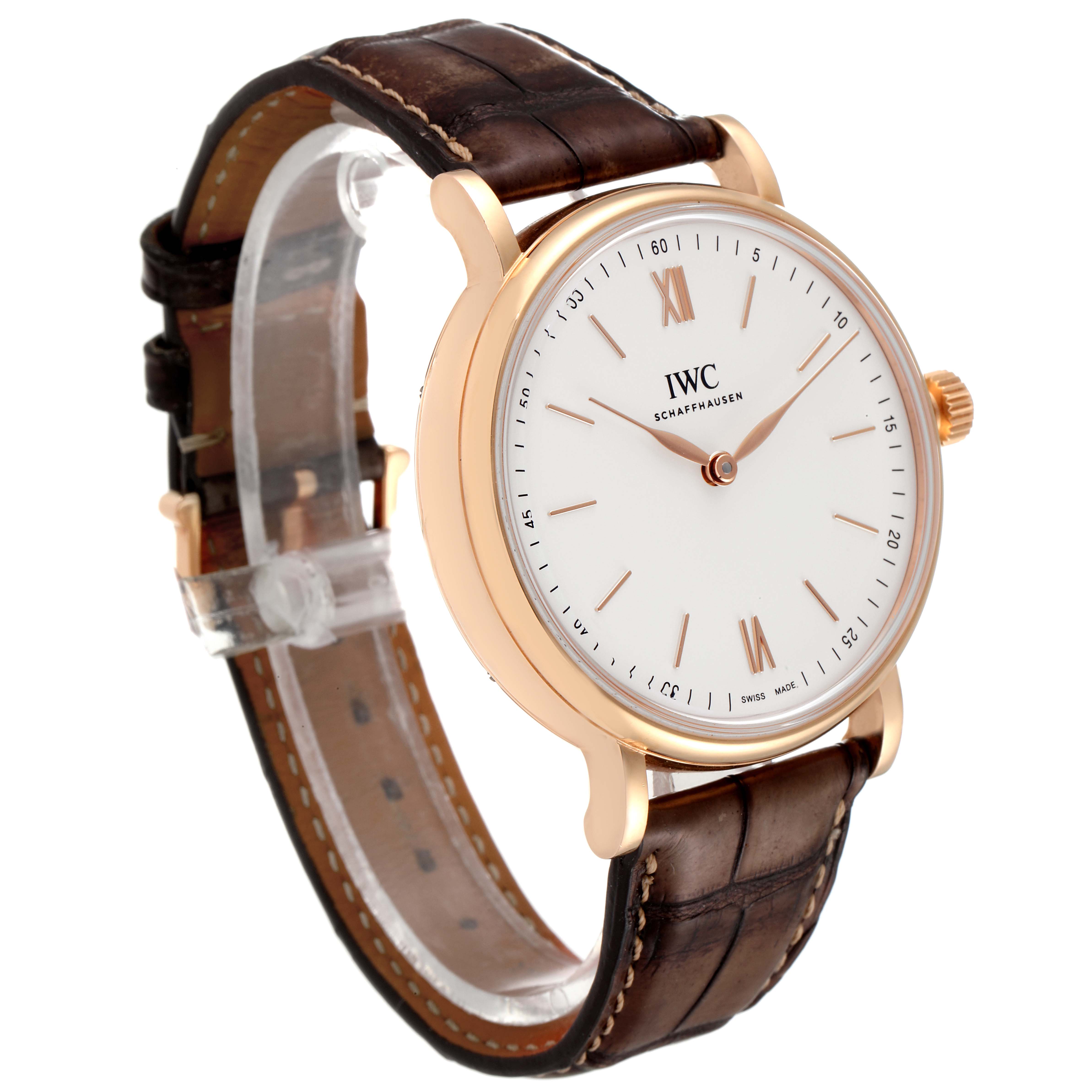 The image shows a side view angle of an IWC Portofino IW511101 Men's Rose Gold Silver Dial IW511101 Men's Rose Gold Silver Dial watch with a brown leather strap and a gold case.