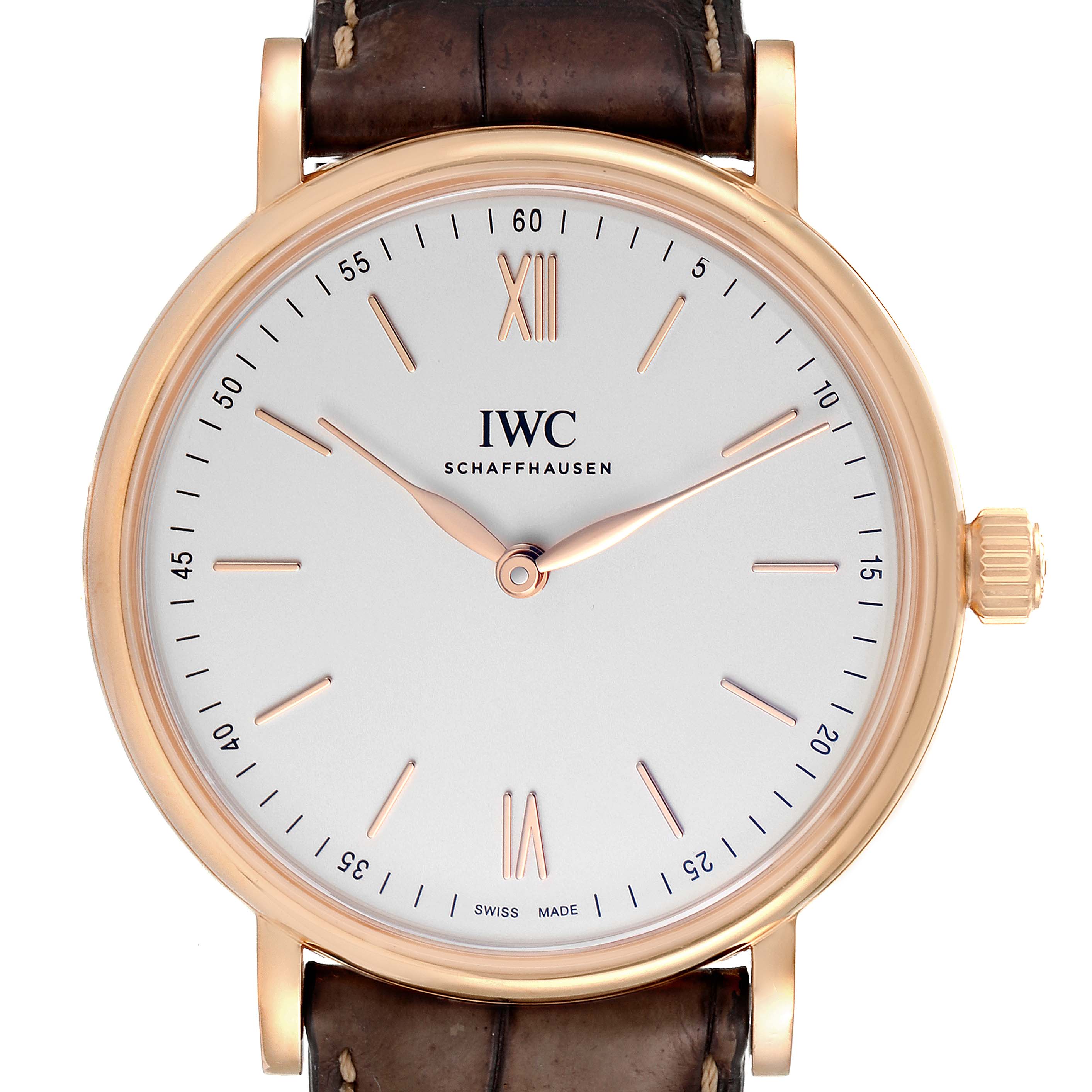 The image shows a frontal view of the IWC Portofino IW511101 Men's Rose Gold Silver Dial IW511101 Men's Rose Gold Silver Dial watch with its dial, case, crown, and leather strap.