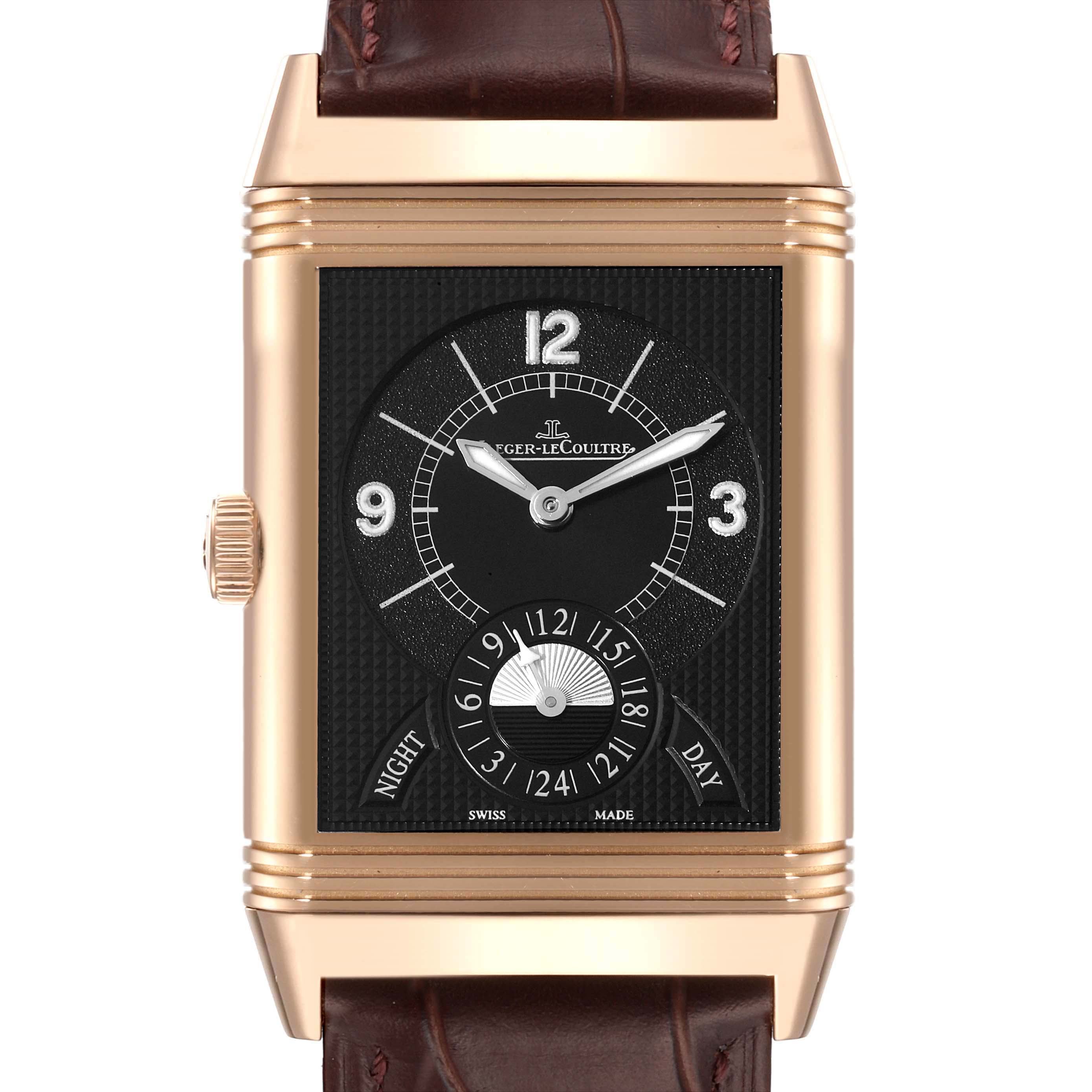 This image shows a frontal view of the Jaeger-LeCoultre Reverso watch, highlighting the dial, hands, and part of the leather strap.