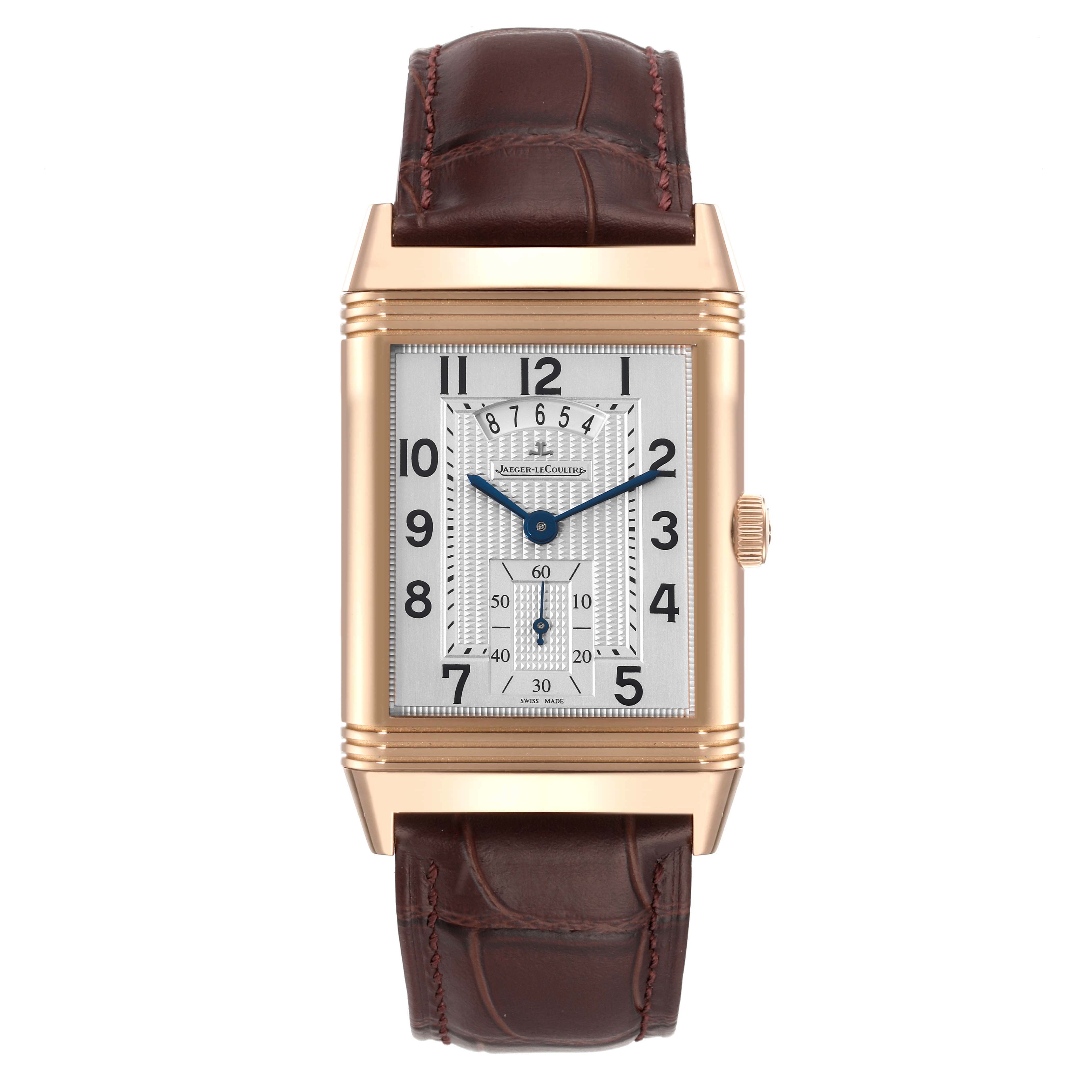 This image shows a front view of the Jaeger LeCoultre Reverso Q3742521 Men's Rose Gold Silver Dial Q3742521 Men's Rose Gold Silver Dial watch with its rectangular face and a brown leather strap.
