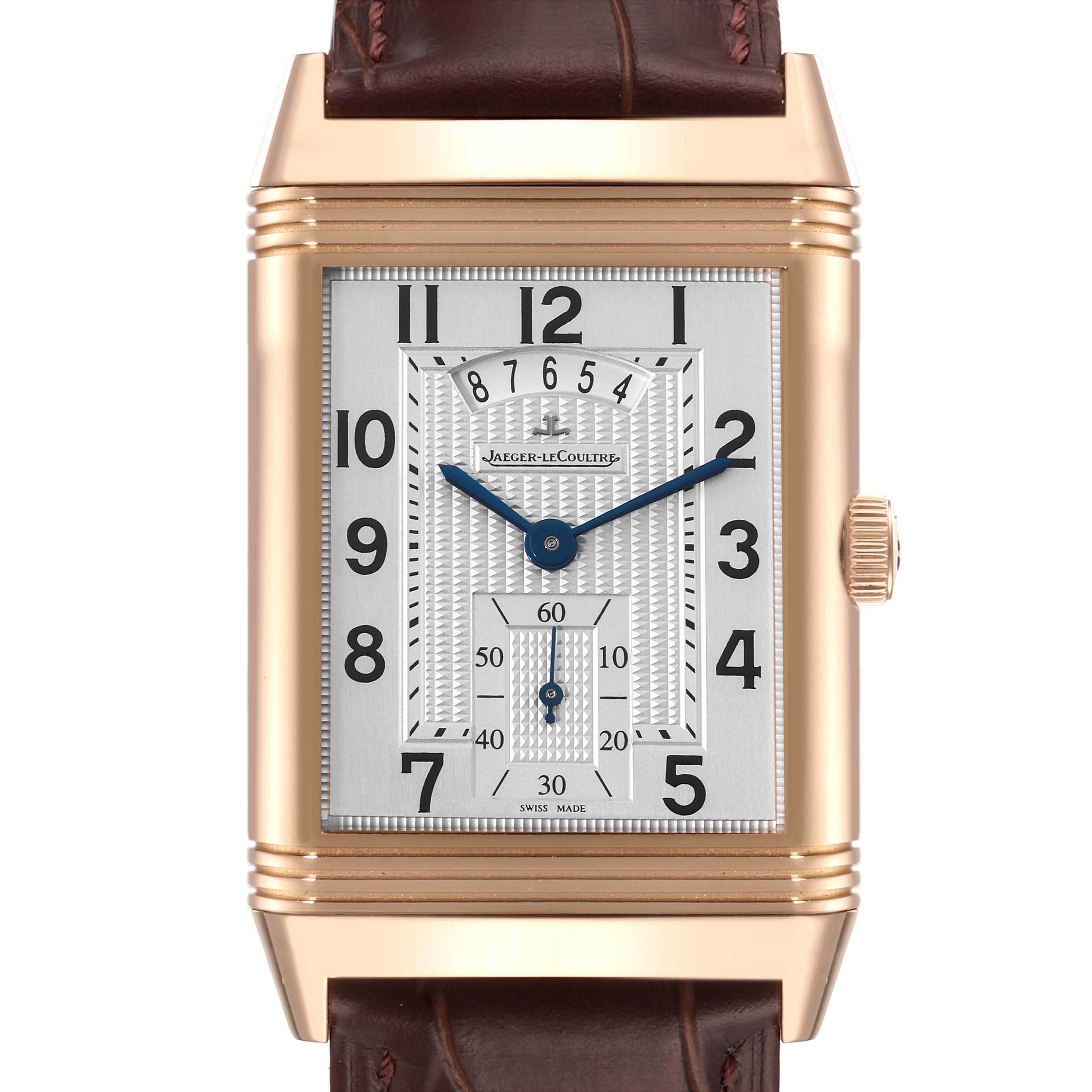 This image shows a front view of the Jaeger LeCoultre Reverso Q3742521 Men's Rose Gold Silver Dial Q3742521 Men's Rose Gold Silver Dial watch, featuring its rectangular dial and a brown leather strap.
