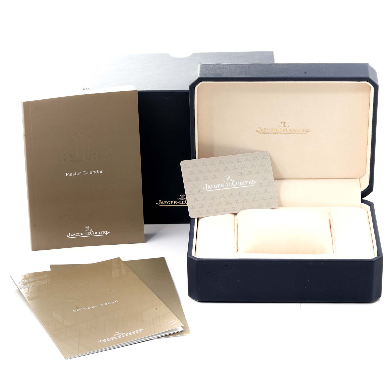 The image shows a Jaeger LeCoultre Master Q1558421 Men's Stainless Steel White Dial Q1558421 Men's Stainless Steel White Dial model watch box, instruction manuals, and a certificate of origin card.