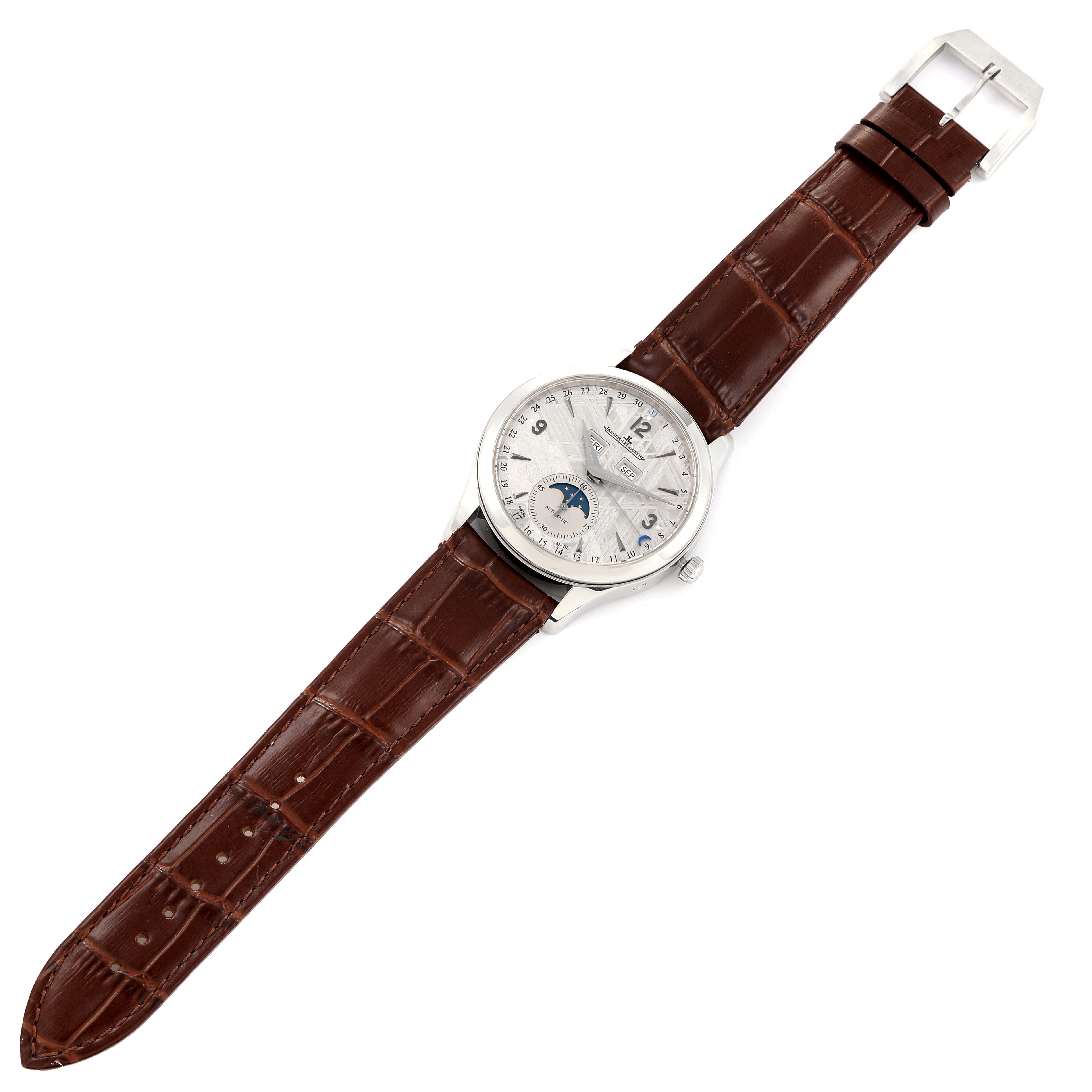 The image shows a Jaeger LeCoultre Master Q1558421 Men's Stainless Steel White Dial Q1558421 Men's Stainless Steel White Dial model watch with a brown leather strap and moon phase display, viewed from the top.