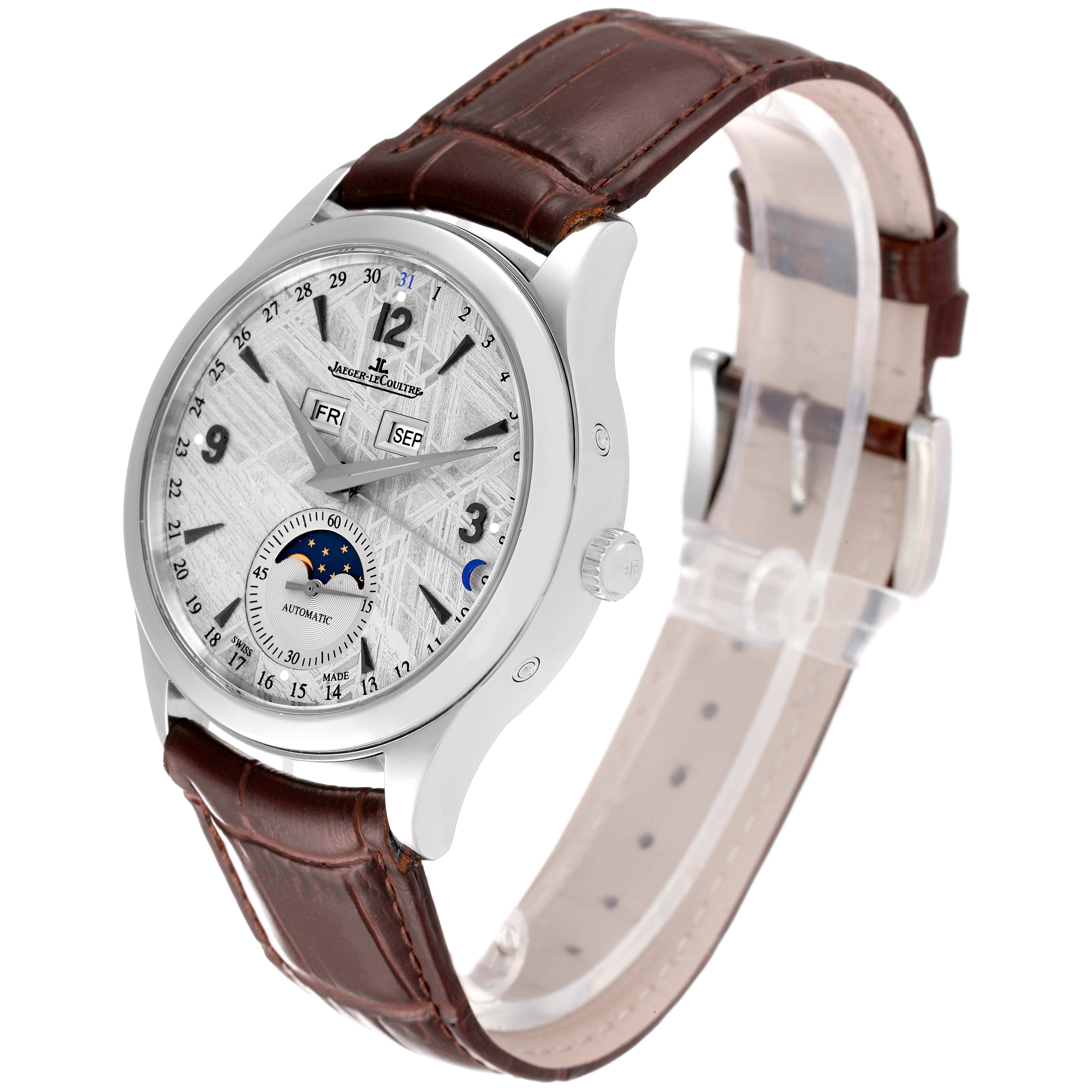 The Jaeger LeCoultre Master Q1558421 Men's Stainless Steel White Dial Q1558421 Men's Stainless Steel White Dial model watch is shown at a three-quarter angle, displaying the face, bezel, and brown leather strap.