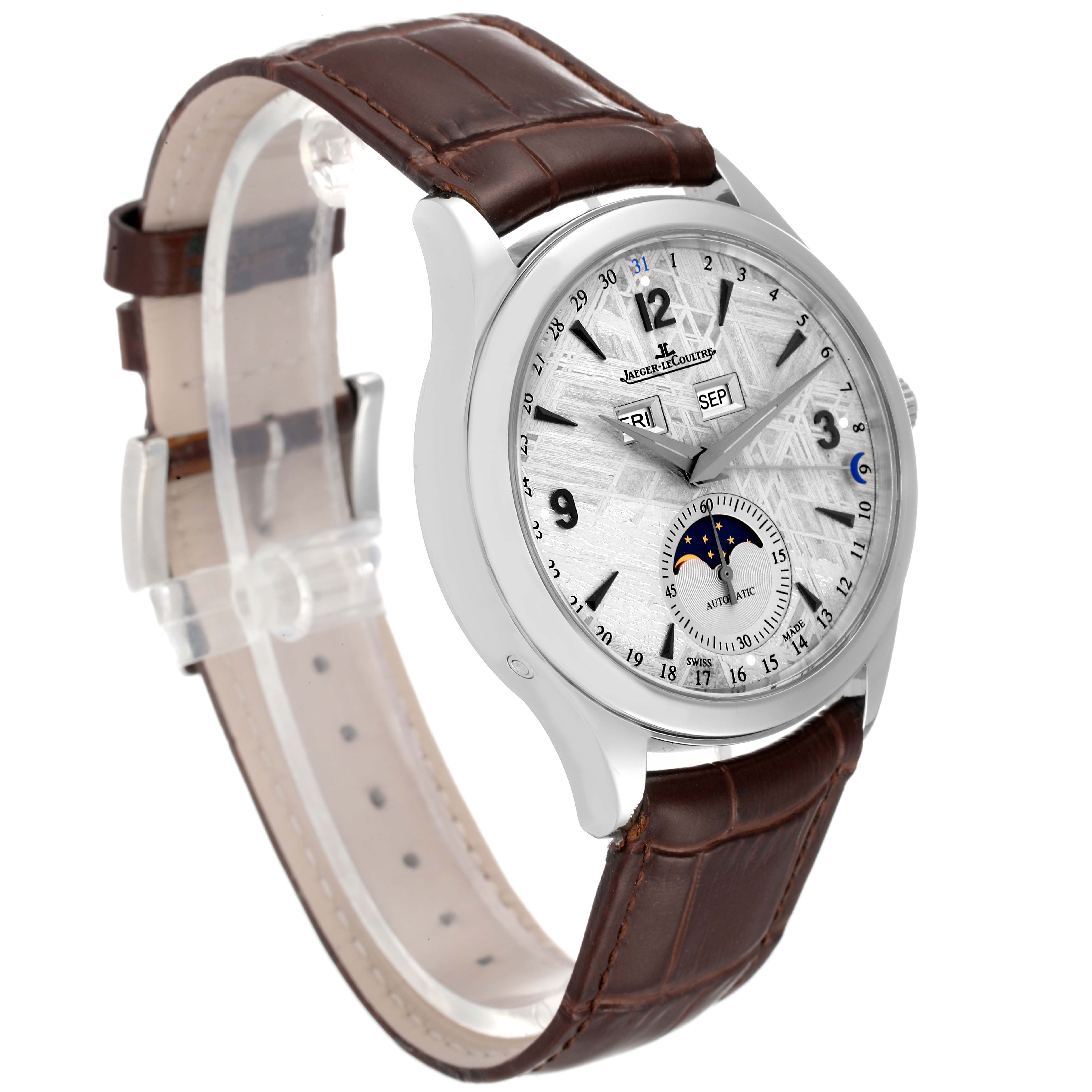 The image shows a Jaeger-LeCoultre Master model watch at an angle highlighting its face, leather strap, and side profile.