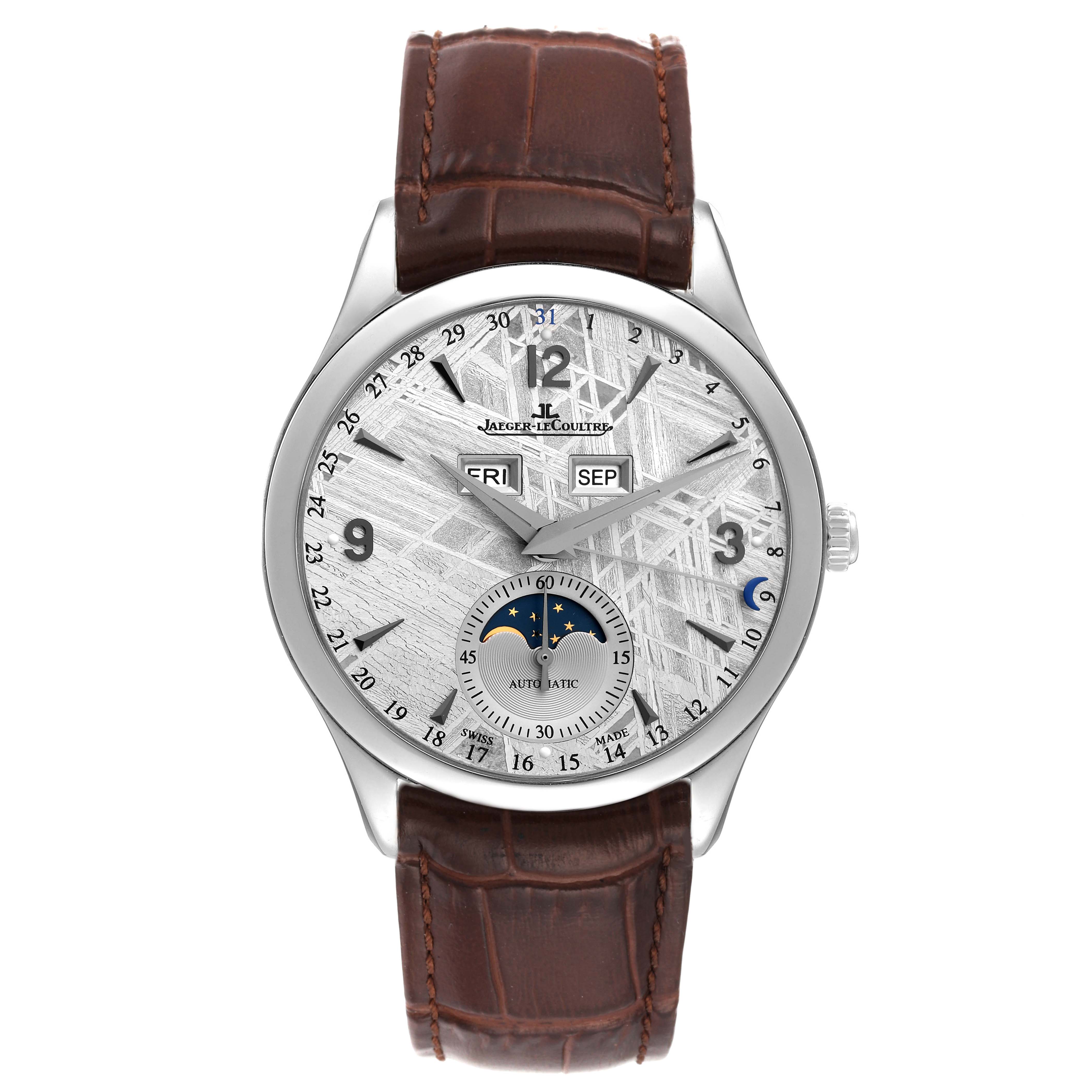 This image shows a front view of the Jaeger-LeCoultre Master watch, featuring a leather strap, day-date display, and moon phase dial.