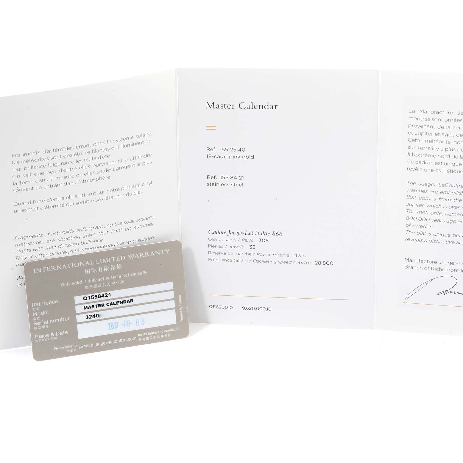 The image shows the warranty card and documentation for the Master Calendar model by Jaeger LeCoultre.