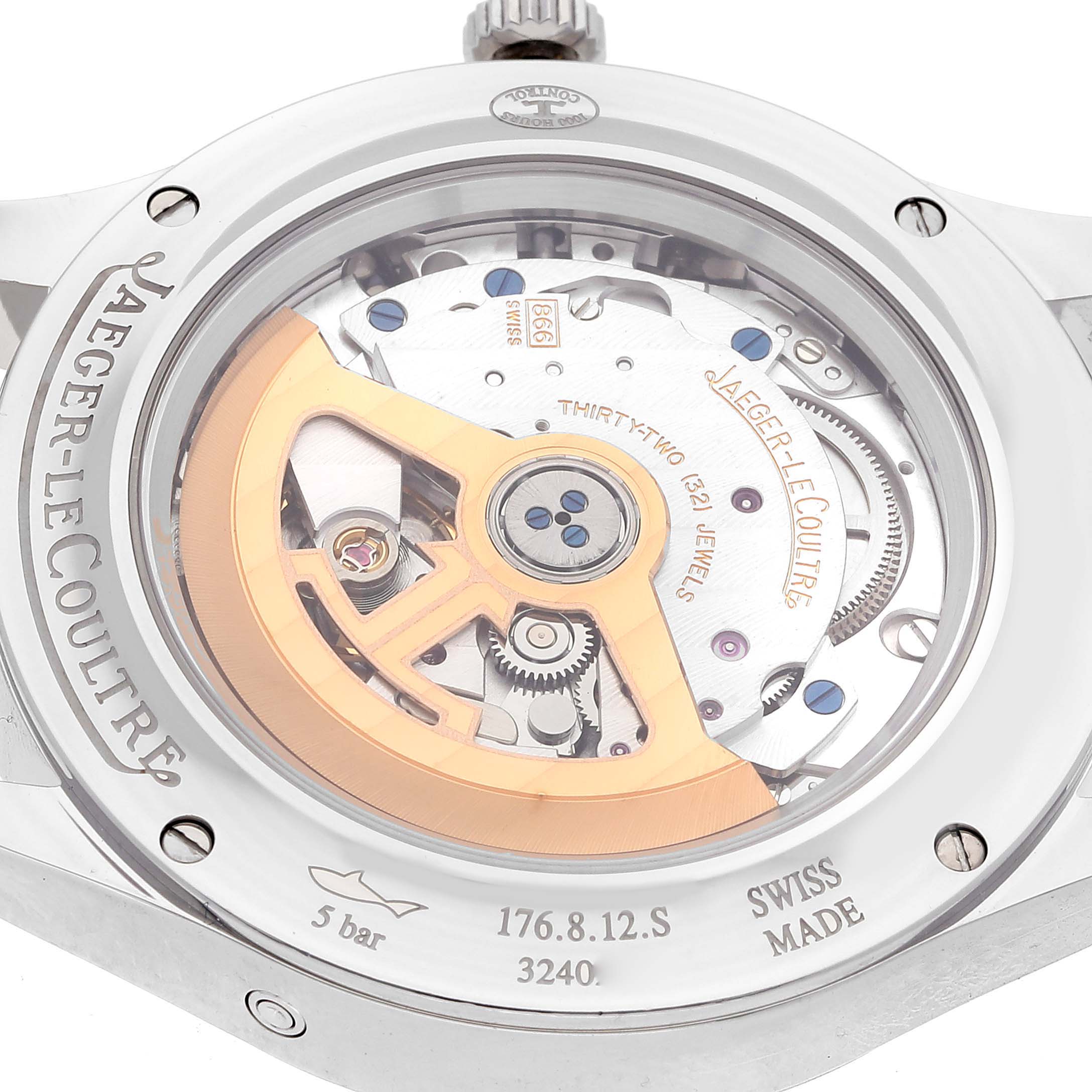 The image shows the back view of the Jaeger LeCoultre Master Q1558421 Men's Stainless Steel White Dial Q1558421 Men's Stainless Steel White Dial model, highlighting its mechanical components and inscriptions.