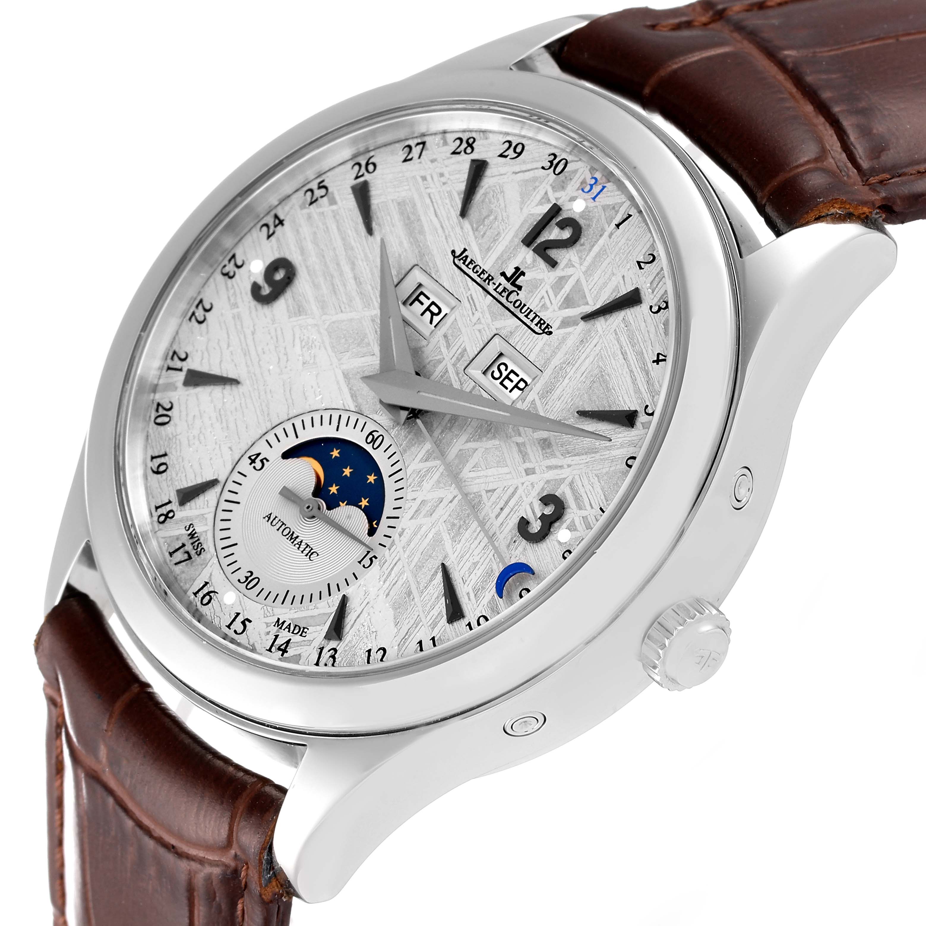 The image shows the front and right side of the Jaeger LeCoultre Master Q1558421 Men's Stainless Steel White Dial Q1558421 Men's Stainless Steel White Dial model watch, including its face, dial, and brown leather strap.
